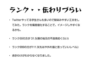 ランク・・伝わりづらい
• Twitterやってる学生さんも多いので馴染みやすい工夫をし
てみた。ランクを偏差値化することで、イメージしやすくな
るかも。
• ランク50の方が 31.5(僕の地元の不良高校くらい)
• ランク999の方が111.9(もはや外れ値と言っていいレベル)
• 余計わけがわからなくなりました。
 