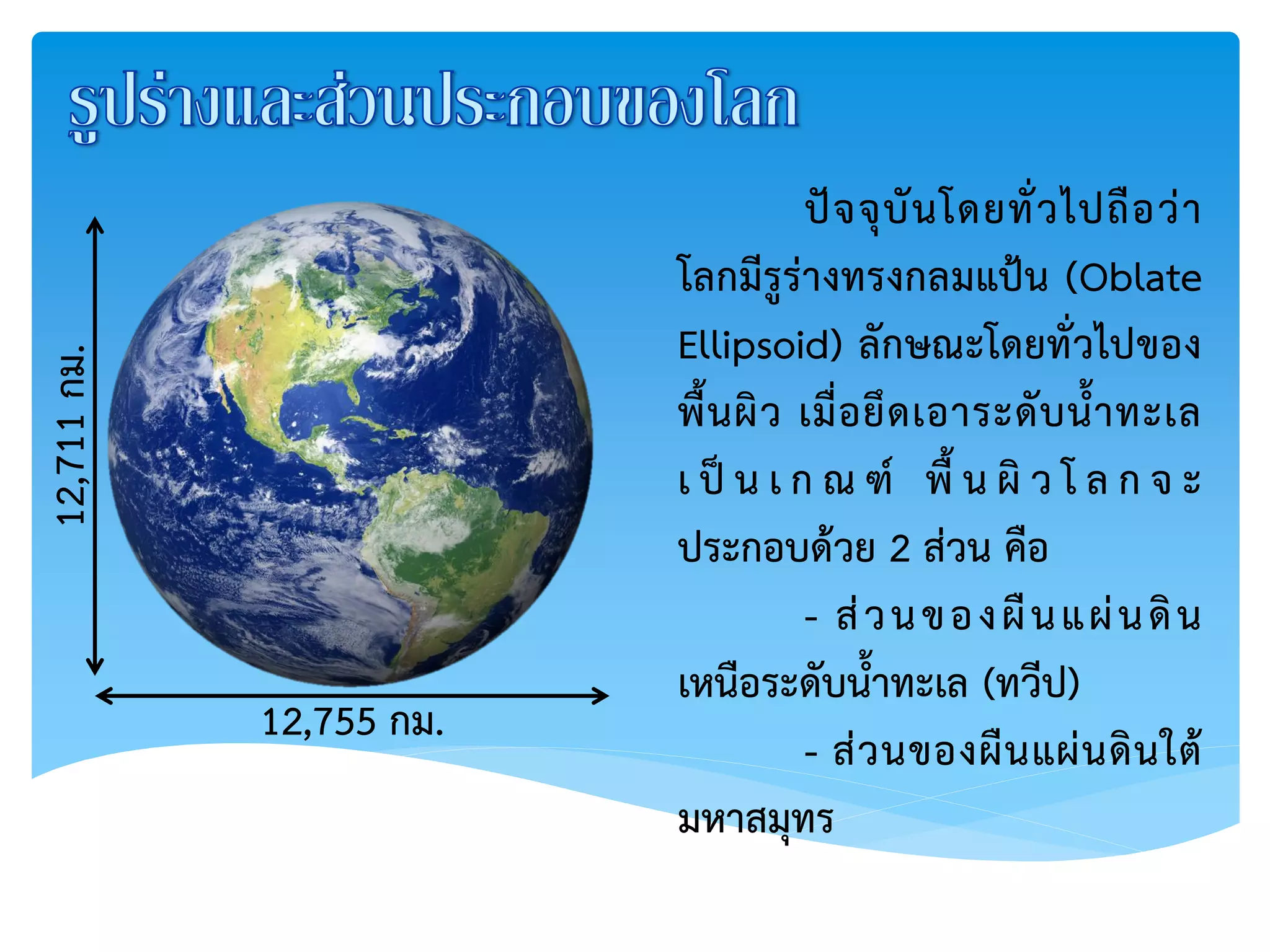12,755 กม.
12,711กม.
ปัจจุบันโดยทั่วไปถือว่า
โลกมีรูร่างทรงกลมแป้น (Oblate
Ellipsoid) ลักษณะโดยทั่วไปของ
พื้นผิว เมื่อยึดเอาระดับน้าทะเล
เ ป็ น เ ก ณ ฑ์ พื้ น ผิ ว โ ล ก จ ะ
ประกอบด้วย 2 ส่วน คือ
- ส่วนของผืนแผ่นดิน
เหนือระดับน้าทะเล (ทวีป)
- ส่วนของผืนแผ่นดินใต้
มหาสมุทร
 
