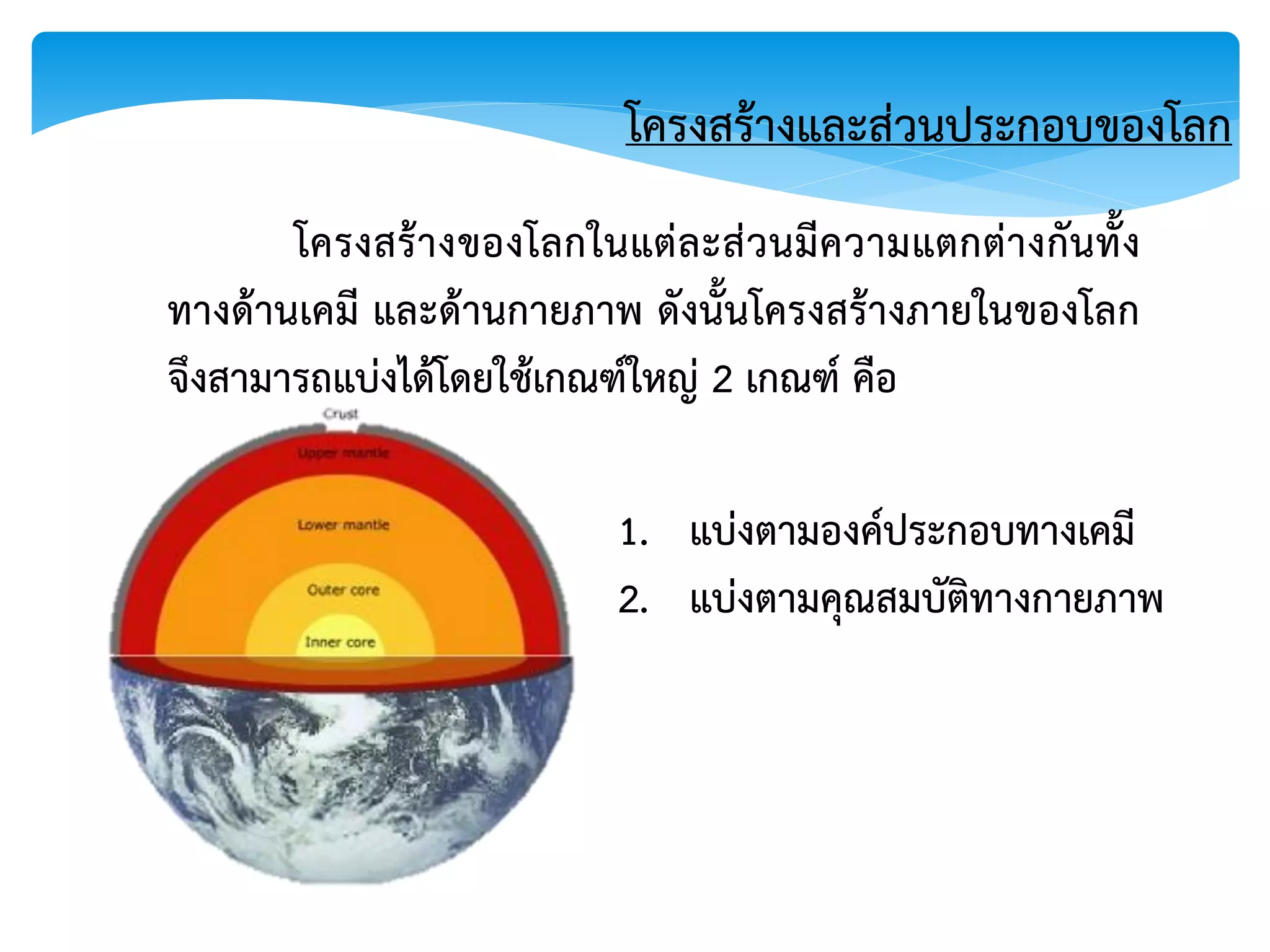 โครงสร้างและส่วนประกอบของโลก
โครงสร้างของโลกในแต่ละส่วนมีความแตกต่างกันทั้ง
ทางด้านเคมี และด้านกายภาพ ดังนั้นโครงสร้างภายในของโลก
จึงสามารถแบ่งได้โดยใช้เกณฑ์ใหญ่ 2 เกณฑ์ คือ
1. แบ่งตามองค์ประกอบทางเคมี
2. แบ่งตามคุณสมบัติทางกายภาพ
 