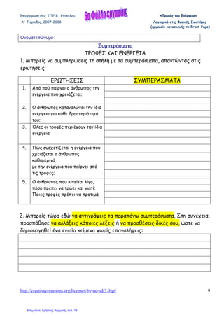 Επιµόρφωση στις ΤΠΕ Β΄ Επιπέδου «««ΤΤΤρρροοοφφφέέέςςς κκκαααιιι ΕΕΕνννέέέρρργγγεεειιιααα»»»
Α΄ Περίοδος, 2007-2008 Λογισµικό στις Φυσικές Επιστήµες
(εργαλείο κατασκευής το Front Page)
http://creativecommons.org/licenses/by-nc-nd/3.0/gr/ 9
Συµπεράσµατα
ΤΡΟΦΕΣ ΚΑΙ ΕΝΕΡΓΕΙΑ
1. Μπορείς να συµπληρώσεις τη στήλη µε τα συµπεράσµατα, απαντώντας στις
ερωτήσεις:
2. Μπορείς τώρα εδώ να αντιγράψεις τα παραπάνω συµπεράσµατα. Στη συνέχεια,
προσπάθησε να αλλάξεις κάποιες λέξεις ή να προσθέσεις δικές σου, ώστε να
δηµιουργηθεί ένα ενιαίο κείµενο χωρίς επαναλήψεις:
Ονοµατεπώνυµο:
ΕΡ ΤΗΣΕΙΣ ΣΥΜΠΕΡΑΣΜΑΤΑ
1. Από πού παίρνει ο άνθρωπος την
ενέργεια που χρειάζεται;
2. Ο άνθρωπος καταναλώνει την ίδια
ενέργεια για κάθε δραστηριότητά
του;
3. Όλες οι τροφές περιέχουν την ίδια
ενέργεια;
4. Πώς συσχετίζεται η ενέργεια που
χρειάζεται ο άνθρωπος
καθηµερινά,
µε την ενέργεια που παίρνει από
τις τροφές;
5. Ο άνθρωπος που κινείται λίγο,
πόσο πρέπει να τρώει και γιατί;
Ποιες τροφές πρέπει να προτιµά;
Επιμέλεια: Χρήστος Χαρμπής σελ. 19
 