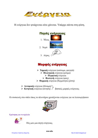 eva-edu
Η ενέργεια δεν φτιάχνεται ούτε χάνεται. Υπάρχει πάντα στη φύση.
1. Ήλιος
2. Νερό
3. Αέρας
 Χημική ενέργεια (καύσιμα, φαγητά)
 Ηλεκτρική ενέργεια (ρεύμα)
 Πυρηνική ενέργεια
 Φωτεινή ενέργεια (φώς)
 Θερμική ενέργεια (θερμότητα-ζέστη)
 Δυναμική ενέργεια (δύναμη)
 Κινητική ενέργεια (κίνηση) βασικές μορφές ενέργειας
Οι συσκευές στο σπίτι όπως το πλυντήριο χρειάζονται ενέργεια για να λειτουργήσουν
Ερώτηση για το σχολείο
Πές μου μια πηγή ενέργειας.
Επιμέλεια: Χρήστος Χαρμπής http://e-taksh.blogspot.gr/
 