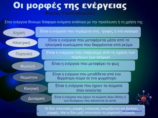 Οι μορφές της ενέργειας
Φώτης Τουλιόπουλος
Στην ενέργεια δίνουμε διάφορα ονόματα ανάλογα με την προέλευση ή τη χρήση της
Είναι η ενέργεια που μεταφέρει το φως
Είναι η ενέργεια που μεταδίδεται από ένα
θερμότερο σώμα σε ένα ψυχρότερο
Χημική
Είναι η ενέργεια που μεταφέρεται μέσα από τα
ηλεκτρικά κυκλώματα που διαρρέονται από ρεύμα
Ηλεκτρική
Θερμότητα
Πυρηνική
Φωτεινή
Είναι η ενέργεια που παίρνουμε από τη σχάση των
πυρήνων των ατόμων
Κινητική
Είναι η ενέργεια που έχουν τα σώματα
όταν κινούνται
Είναι η ενέργεια που έχουν τα σώματα λόγω θέσης ή
των δυνάμεων που ασκούνται σε αυτά.
Δυναμική
Είναι η ενέργεια που περιέχεται στις τροφές ή στα καύσιμα
Οι δύο τελευταίες μορφές ενέργειας ονομάζονται και βασικές
μορφές. Και οι δύο μαζί αποτελούν τη μηχανική ενέργεια.
Επιμέλεια: Χρήστος Χαρμπής http://e-taksh.blogspot.gr/
 