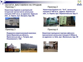 ОБ’ЄКТИ, ВИСТАВЛЕНІ НА ПРОДАЖ
Нежитлова будівля в центральній
історичній частині міста загальною
площею 5 641 кв.м, за адресою: Одеська
обл., м. Одеса, вул. Базарна, буд.106
Нежитлова будівля літ. "А-4", загальною
площею 2 109 кв.м., адреса: Харківська
обл., м. Харків, вул. Лермонтовська, буд. 8
Приклад 1 Приклад 2
Приклад 3 Приклад 4
Оздоровчо-відпочинковий комплекс
Івано-Франківська область,
Яремчанська м/р, с. Татарів, вул.
Незалежності, 14В
Нежитлові приіщення торгово-офісного
призначення загальною площею 2 294кв.м,
за адресою: м. Київ, вул. Жилянська, буд. 59
 