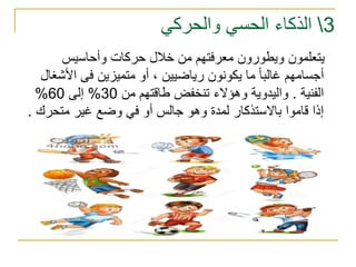 3‫والحركي‬ ‫الحسي‬ ‫الذكاء‬
‫وأحاسيس‬ ‫حركات‬ ‫خالل‬ ‫من‬ ‫معرفتهم‬ ‫ويطورون‬ ‫يتعلمون‬
‫أجسامهم‬‫غ‬‫األش‬ ‫فى‬ ‫متميزين‬ ‫أو‬ ، ‫رياضيين‬ ‫يكونون‬ ‫ما‬ ‫البا‬‫غال‬
‫الفنية‬.‫واليدوية‬‫و‬‫هؤالء‬‫من‬ ‫طاقتهم‬ ‫تنخفض‬30%‫إلى‬60%
‫ج‬ ‫وهو‬ ‫لمدة‬ ‫باالستذكار‬ ‫قاموا‬ ‫إذا‬‫ال‬‫متحرك‬ ‫غير‬ ‫وضع‬ ‫في‬ ‫أو‬ ‫س‬.
 