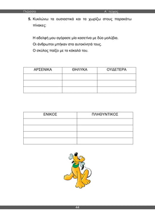 Γλώσσα Α΄ τεύχος
44
5. Κυκλώνω τα ουσιαστικά και τα χωρίζω στους παρακάτω
πίνακες:
Η αδελφή μου αγόρασε μία κασετίνα με δύο μολύβια.
Οι άνθρωποι μπήκαν στα αυτοκίνητά τους.
Ο σκύλος παίζει με το κόκαλό του.
ΑΡΣΕΝΙΚΑ ΘΗΛΥΚΑ ΟΥΔΕΤΕΡΑ
ΕΝΙΚΟΣ ΠΛΗΘΥΝΤΙΚΟΣ
 