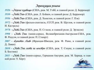 Экранизации романа
1926 – «Морское чудовище» (США, реж. М. Уэбб, в главной роли: Д. Берримор)
1930 – «Моби Дик» (США, реж. Л. Бэйкон, в главной роли: Д. Берримор)
1956 – «Моби Дик» (США, реж. Д. Хьюстон, в главной роли: Г. Пэк)
1972 – «Моби Дик» (фильм-спектакль, СССР, реж. В. Щеглов, в главной роли:
И. Кастрель)
1978 – «Моби Дик» (США, реж. П. Стэнли, в главной роли: Д. Эрэнсон)
1998 – «Моби Дик» (мини-сериал, Великобритания-Австралия-США, реж.
Ф. Роддэм, в главной роли: П. Стюарт)
2007 – «Капитан Ахав» (Франция-Швеция, реж. Ф. Рамо, в главной роли:
Д. Лаван)
2010 – «Моби Дик: охота на монстра» (США, реж. Т. Стоукс, в главной роли:
Б. Боствик)
2011 – «Моби Дик» (мини-сериал, Германия-Австрия, реж. М. Баркер, в глав-
ной роли: У. Хѐрт)
 