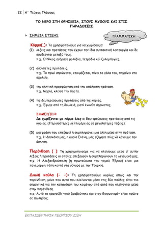 22 Α΄ Τεύχος Γλώσσας
ΕΚΠΑΙΔΕΥΤΗΡΙΑ ΓΕΩΡΓΙΟΥ ΖΩΗ
ΤΟ ΝΕΡΟ ΣΤΗ ΘΡΗΣΚΕΙΑ, ΣΤΟΥΣ ΜΥΘΟΥΣ ΚΑΙ ΣΤΙΣ
ΠΑΡΑΔΟΣΕΙΣ
 ΣΗΜΕΙΑ ΣΤΙΞΗΣ
Κόμμα(,): Το χρησιμοποιούμε για να χωρίσουμε:
(1) λέξεις και προτάσεις που έχουν την ίδια συντακτική λειτουργία και δε
συνδέονται μεταξύ τους.
π.χ. Ο Νίκος αγόρασε μολύβια, τετράδια και ξυλομπογιές.
(2) ασύνδετες προτάσεις.
π.χ. Το πρωί σηκώνεται, ετοιμάζεται, πίνει το γάλα του, πηγαίνει στο
σχολείο.
(3) την κλητική προσφώνηση από την υπόλοιπη πρόταση.
π.χ. Μαρία, κλείσε την πόρτα.
(4) τις δευτερεύουσες προτάσεις από τις κύριες.
π.χ. Έφυγε από τη δουλειά, γιατί ένιωθε άρρωστος.
ΣΗΜΕΙΩΣΗ:
Δε χωρίζονται με κόμμα όλες οι δευτερεύουσες προτάσεις από τις
κύριες. (Περισσότερες λεπτομέρειες σε μεγαλύτερες τάξεις).
(5) μια φράση που επεξηγεί ή συμπληρώνει μια άλλη μέσα στην πρόταση.
π.χ. Η δασκάλα μας, η κυρία Ελένη, μας εξήγησε πώς να κάνουμε την
άσκηση.
Παρένθεση ( ): Τη χρησιμοποιούμε για να κλείσουμε μέσα σ’ αυτήν
λέξεις ή προτάσεις οι οποίες επεξηγούν ή συμπληρώνουν τα λεγόμενά μας.
π.χ. Η Αλεξανδρούπολη (η πρωτεύουσα του νομού Έβρου) είναι μια
πανέμορφη πόλη κοντά στα σύνορα με την Τουρκία.
Διπλή παύλα (- -): Τη χρησιμοποιούμε κυρίως όπως και την
παρένθεση, μόνο που αυτά που κλείνονται μέσα στις δύο παύλες είναι πιο
σημαντικά για την κατανόηση του κειμένου από αυτά που κλείνονται μέσα
στην παρένθεση.
π.χ. Αυτό το τραγούδι –που βραβεύτηκε και στον διαγωνισμό– είναι πρώτο
σε πωλήσεις.
ΓΡΑΜΜΑΤΙΚΗ
 