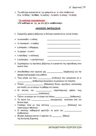 Δ΄ Δημοτικού 35
ΕΚΠΑΙΔΕΥΤΗΡΙΑ ΓΕΩΡΓΙΟΥ ΖΩΗ
 Τα ουδέτερα ουσιαστικά σε –ος γράφονται με -η- στον πληθυντικό
(π.χ. το δάσος – τα δάση, το κράτος – τα κράτη, το άλσος – τα άλση).
Για καλύτερη απομνημόνευση:
«Τα ουδέτερα σε –ος, με ήτα (η) ο πληθυντικός».
ΑΣΚΗΣΕΙΣ ΕΜΠΕΔΩΣΗΣ
1. Σχηματίζω φράσεις βάζοντας το δεύτερο ουσιαστικό σε γενική πτώση:
 τα λουλούδια – ο κήπος ___________________________
 το πουκάμισο – ο έφηβος ___________________________
 η απόφαση – ο δήμαρχος ___________________________
 το χρώμα – το σπίτι ___________________________
 ο πρόεδρος – ο σύλλογος ___________________________
 ο αυλόγυρος - ο μαντρότοιχος ___________________________
2. Συμπληρώνω τις προτάσεις βάζοντας το ουσιαστικό της παρένθεσης στον
σωστό τύπο:
 Απευθύνθηκα στον σχολικό μας _____________ (σύμβουλος) για την
άσχημη συμπεριφορά ενός μαθητή.
 Τους μίλησε για τους ___________ (κίνδυνος) που εγκυμονούν αν οι
____________ (άνθρωπος) συνεχίσουν να μολύνουν τον πλανήτη.
 Πολλοί _______________ (δάσκαλος) δίνουν ερωτήσεις κατανόησης
στα παιδιά, για να κάνουν το μάθημα πιο εύκολο.
 Οι απειλές του _____________ (προϊστάμενος) φόβισε τους
_________________ (υπάλληλος).
 Πρέπει να ακούμε και τη γνώμη των άλλων ____________ (άνθρωπος).
 Τα πανιά των _______________ (ανεμόμυλος) σκίστηκαν από τον
δυνατό αέρα.
 Γελάσαμε πολύ με τους αστείους _____________ (διάλογος) των
ταλαντούχων ηθοποιών.
 Ο παππούς καθημερινά φροντίζει τα φυτά του ______________
(ανθόκηπος).
 Μεγάλη πυρκαγιά απειλεί ν’ αφανίσει τα ________ (δάσος)
της Κεντρικής Ευρώπης.
 