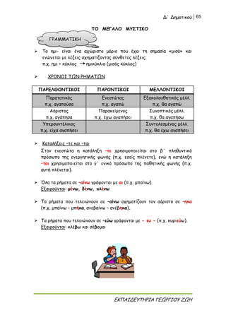 Δ΄ Δημοτικού 65
ΕΚΠΑΙΔΕΥΤΗΡΙΑ ΓΕΩΡΓΙΟΥ ΖΩΗ
ΤΟ ΜΕΓΑΛΟ ΜΥΣΤΙΚΟ
 Το ημι- είναι ένα αχώριστο μόριο που έχει τη σημασία «μισό» και
ενώνεται με λέξεις σχηματίζοντας σύνθετες λέξεις.
π.χ. ημι + κύκλος ημικύκλιο (μισός κύκλος)
 ΧΡΟΝΟΙ ΤΩΝ ΡΗΜΑΤΩΝ
ΠΑΡΕΛΘΟΝΤΙΚΟΙ ΠΑΡΟΝΤΙΚΟΙ ΜΕΛΛΟΝΤΙΚΟΙ
Παρατατικός
π.χ. αγαπούσα
Ενεστώτας
π.χ. αγαπώ
Εξακολουθητικός μέλλ.
π.χ. θα αγαπώ
Αόριστος
π.χ. αγάπησα
Παρακείμενος
π.χ. έχω αγαπήσει
Συνοπτικός μέλλ.
π.χ. θα αγαπήσω
Υπερσυντέλικος
π.χ. είχα αγαπήσει
Συντελεσμένος μέλλ.
π.χ. θα έχω αγαπήσει
 Καταλήξεις –τε και –ται
Στον ενεστώτα η κατάληξη –τε χρησιμοποιείται στο β΄ πληθυντικό
πρόσωπο της ενεργητικής φωνής (π.χ. εσείς πλένετε), ενώ η κατάληξη
–ται χρησιμοποιείται στο γ΄ ενικό πρόσωπο της παθητικής φωνής (π.χ.
αυτή πλένεται).
 Όλα τα ρήματα σε –αίνω γράφονται με αι (π.χ. μπαίνω).
Εξαιρούνται: μένω, δένω, πλένω
 Τα ρήματα που τελειώνουν σε –αίνω σχηματίζουν τον αόριστο σε –ηκα
(π.χ. μπαίνω – μπήκα, ανεβαίνω – ανέβηκα).
 Τα ρήματα που τελειώνουν σε –εύω γράφονται με - ευ - (π.χ. κυριεύω).
Εξαιρούνται: κλέβω και σέβομαι
ΓΡΑΜΜΑΤΙΚΗ
 