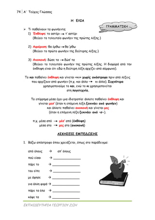 74 Α΄ Τεύχος Γλώσσας
ΕΚΠΑΙΔΕΥΤΗΡΙΑ ΓΕΩΡΓΙΟΥ ΖΩΗ
Η ΕΛΙΑ
 Tι παθαίνουν τα φωνήεντα;
1) Έκθλιψη: το αστέρι τ’ αστέρι
(Φεύγει το τελευταίο φωνήεν της πρώτης λέξης.)
2) Αφαίρεση: θα έρθω θα ‘ρθω
(Φεύγει το πρώτο φωνήεν της δεύτερης λέξης.)
3) Αποκοπή: δώσε τα δώσ’ τα
(Φεύγει το τελευταίο φωνήεν της πρώτης λέξης. Η διαφορά από την
έκθλιψη είναι ότι εδώ η δεύτερη λέξη αρχίζει από σύμφωνο).
Το και παθαίνει έκθλιψη και γίνεται «κι» χωρίς απόστροφο πριν από λέξεις
που αρχίζουν από φωνήεν (π.χ. και άλλο κι άλλο). Συχνότερα
χρησιμοποιούμε το και, ενώ το κι χρησιμοποιείται
στη λογοτεχνία.
Το επίρρημα μέσα έχει μια ιδιοτροπία: άλλοτε παθαίνει έκθλιψη και
γίνεται μεσ’ (όταν η επόμενη λέξη ξεκινάει από φωνήεν)
και άλλοτε παθαίνει αποκοπή και γίνεται μες
(όταν η επόμενη λέξη ξεκινάει από –σ-).
π.χ. μέσα από μέσ’ από (έκθλιψη)
μέσα στο μες στο (αποκοπή)
ΑΣΚΗΣΕΙΣ ΕΜΠΕΔΩΣΗΣ
1. Βάζω απόστροφο όπου χρειάζεται, όπως στο παράδειγμα:
από όλους  απ’ όλους
πού είσαι  ______________
πάρε το  ______________
του είπε  ______________
με άφησε  ______________
για άλλη φορά  ______________
πάρε τα όλα  ______________
κόψε τα  ______________
ΓΡΑΜΜΑΤΙΚΗ
 