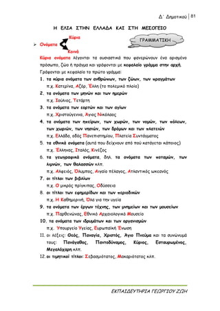 Δ΄ Δημοτικού 81
ΕΚΠΑΙΔΕΥΤΗΡΙΑ ΓΕΩΡΓΙΟΥ ΖΩΗ
Η ΕΛΙΑ ΣΤΗΝ ΕΛΛΑΔΑ ΚΑΙ ΣΤΗ ΜΕΣΟΓΕΙΟ
Κύρια
 Ονόματα
Κοινά
Κύρια ονόματα λέγονται τα ουσιαστικά που φανερώνουν ένα ορισμένο
πρόσωπο, ζώο ή πράγμα και γράφονται με κεφαλαίο γράμμα στην αρχή.
Γράφονται με κεφαλαίο το πρώτο γράμμα:
1. τα κύρια ονόματα των ανθρώπων, των ζώων, των πραγμάτων
π.χ. Κατερίνα, Αζόρ, ‘Ελλη (το πολεμικό πλοίο)
2. τα ονόματα των μηνών και των ημερών
π.χ. Ιούλιος, Τετάρτη
3. τα ονόματα των εορτών και των αγίων
π.χ. Χριστούγεννα, Άγιος Νικόλαος
4. τα ονόματα των ηπείρων, των χωρών, των νομών, των πόλεων,
των χωριών, των νησιών, των δρόμων και των πλατειών
π.χ. Ελλάδα, οδός Πανεπιστημίου, Πλατεία Συντάγματος
5. τα εθνικά ονόματα (αυτά που δείχνουν από πού κατάγεται κάποιος)
π.χ. Έλληνας, Ιταλός, Κινέζος
6. τα γεωγραφικά ονόματα, δηλ. τα ονόματα των ποταμών, των
λιμνών, των θαλασσών κλπ.
π.χ. Αλφειός, Όλυμπος, Αιγαίο πέλαγος, Ατλαντικός ωκεανός
7. οι τίτλοι των βιβλίων
π.χ. Ο μικρός πρίγκιπας, Οδύσσεια
8. οι τίτλοι των εφημερίδων και των περιοδικών
π.χ. Η Καθημερινή, Όλα για την υγεία
9. τα ονόματα των έργων τέχνης, των μνημείων και των μουσείων
π.χ. Παρθενώνας, Εθνικό Αρχαιολογικό Μουσείο
10. τα ονόματα των ιδρυμάτων και των οργανισμών
π.χ. Υπουργείο Υγείας, Ευρωπαϊκή Ένωση
11. οι λέξεις: Θεός, Παναγία, Χριστός, Άγιο Πνεύμα και τα συνώνυμά
τους: Πανάγαθος, Παντοδύναμος, Κύριος, Εσταυρωμένος,
Μεγαλόχαρη κλπ.
12. οι τιμητικοί τίτλοι: Σεβασμιότατος, Μακαριότατος κλπ.
ΓΡΑΜΜΑΤΙΚΗ
 