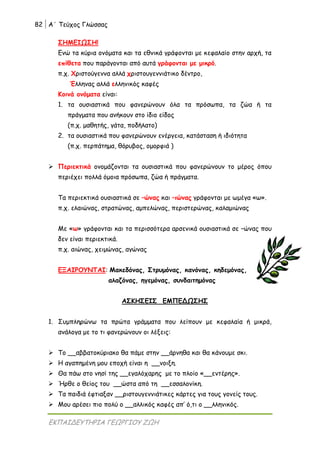 82 Α΄ Τεύχος Γλώσσας
ΕΚΠΑΙΔΕΥΤΗΡΙΑ ΓΕΩΡΓΙΟΥ ΖΩΗ
ΣΗΜΕΙΩΣΗ!
Ενώ τα κύρια ονόματα και τα εθνικά γράφονται με κεφαλαίο στην αρχή, τα
επίθετα που παράγονται από αυτά γράφονται με μικρό.
π.χ. Χριστούγεννα αλλά χριστουγεννιάτικο δέντρο,
Έλληνας αλλά ελληνικός καφές
Κοινά ονόματα είναι:
1. τα ουσιαστικά που φανερώνουν όλα τα πρόσωπα, τα ζώα ή τα
πράγματα που ανήκουν στο ίδιο είδος
(π.χ. μαθητής, γάτα, ποδήλατο)
2. τα ουσιαστικά που φανερώνουν ενέργεια, κατάσταση ή ιδιότητα
(π.χ. περπάτημα, θόρυβος, ομορφιά )
 Περιεκτικά ονομάζονται τα ουσιαστικά που φανερώνουν το μέρος όπου
περιέχει πολλά όμοια πρόσωπα, ζώα ή πράγματα.
Τα περιεκτικά ουσιαστικά σε –ώνας και –ιώνας γράφονται με ωμέγα «ω».
π.χ. ελαιώνας, στρατώνας, αμπελώνας, περιστερώνας, καλαμιώνας
Με «ω» γράφονται και τα περισσότερα αρσενικά ουσιαστικά σε –ώνας που
δεν είναι περιεκτικά.
π.χ. αιώνας, χειμώνας, αγώνας
ΕΞΑΙΡΟΥΝΤΑΙ: Μακεδόνας, Στρυμόνας, κανόνας, κηδεμόνας,
αλαζόνας, ηγεμόνας, συνδαιτημόνας
ΑΣΚΗΣΕΙΣ ΕΜΠΕΔΩΣΗΣ
1. Συμπληρώνω τα πρώτα γράμματα που λείπουν με κεφαλαία ή μικρά,
ανάλογα με το τι φανερώνουν οι λέξεις:
 Το __αββατοκύριακο θα πάμε στην __άρνηθα και θα κάνουμε σκι.
 Η αγαπημένη μου εποχή είναι η __νοιξη.
 Θα πάω στο νησί της __εγαλόχαρης με το πλοίο «__εντέρης».
 Ήρθε ο θείος του __ώστα από τη __εσσαλονίκη.
 Τα παιδιά έφτιαξαν __ριστουγεννιάτικες κάρτες για τους γονείς τους.
 Μου αρέσει πιο πολύ ο __αλλικός καφές απ’ ό,τι ο __λληνικός.
 