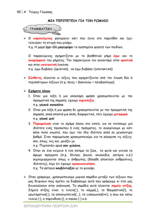 90 Α΄ Τεύχος Γλώσσας
ΕΚΠΑΙΔΕΥΤΗΡΙΑ ΓΕΩΡΓΙΟΥ ΖΩΗ
ΜΙΑ ΠΕΡΙΠΕΤΕΙΑ ΓΙΑ ΤΟΝ ΡΩΜΑΙΟ
 Ο παρακείμενος φανερώνει κάτι που έγινε στο παρελθόν και έχει
τελειώσει τη στιγμή που μιλάμε.
π.χ. Η μαμά έχει ήδη μαγειρέψει το αγαπημένο φαγητό των παιδιών.
Ο παρακείμενος σχηματίζεται με το βοηθητικό ρήμα έχω και το
απαρέμφατο του ρήματος. Τον παρακείμενο τον συναντάμε στην οριστική
και στην υποτακτική έγκλιση.
π.χ. έχω διαβάσει (οριστική), να έχω διαβάσει (υποτακτική)
 Σύνθετες λέγονται οι λέξεις που σχηματίζονται από την ένωση δύο ή
περισσότερων λέξεων (π.χ. ήλιος + βασιλεύω = ηλιοβασίλεμα).
 Σχήματα λόγου
1. Όταν μια λέξη ή μια ολόκληρη φράση χρησιμοποιείται με την
πραγματική της σημασία, έχουμε κυριολεξία.
π.χ. γλυκιά σοκολάτα
2. Όταν μια λέξη ή μια φράση δε χρησιμοποιείται με την πραγματική της
σημασία, αλλά αποκτά μια άλλη, διαφορετική, τότε έχουμε μεταφορά.
π.χ. γλυκό φιλί
3. Παρομοίωση είναι το σχήμα λόγου στο οποίο, για να τονίσουμε μια
ιδιότητα ενός προσώπου ή ενός πράγματος, το συγκρίνουμε με κάτι
άλλο πολύ γνωστό, που έχει την ίδια ιδιότητα αλλά σε μεγαλύτερο
βαθμό. Στην παρομοίωση χρησιμοποιούμε για τη σύγκριση τις λέξεις:
σαν, όπως, λες και, μοιάζει με.
π.χ. Περπατάει αργά σαν χελώνα.
4. Όταν σε ένα κείμενο ή ένα ποίημα τα ζώα, τα φυτά και γενικά τα
άψυχα πράγματα (π.χ. δέντρα, βουνά, λουλούδια, αστέρια κ.ά.)
συμπεριφέρονται όπως ο άνθρωπος (δηλαδή αποκτούν ανθρώπινες
ιδιότητες), λέμε ότι έχουμε προσωποποίηση.
π.χ. Τα αστέρια κουβέντιαζαν με το φεγγάρι.
 Όταν γράφουμε, χρησιμοποιούμε μερικά σημάδια μεταξύ των λέξεων που
μας δείχνουν πώς πρέπει να διαβάσουμε αυτά που γράφουμε κι έτσι μας
διευκολύνουν στην ανάγνωση. Τα σημάδια αυτά λέγονται σημεία στίξης.
Σημεία στίξης είναι: η τελεία(.), το κόμμα(,), το θαυμαστικό(!), το
ερωτηματικό(;), τα αποσιωπητικά(...), τα εισαγωγικά(«»), η άνω και κάτω
τελεία (:), η παρένθεση (), η παύλα (-) κ.ά.
ΓΡΑΜΜΑΤΙΚΗ
 