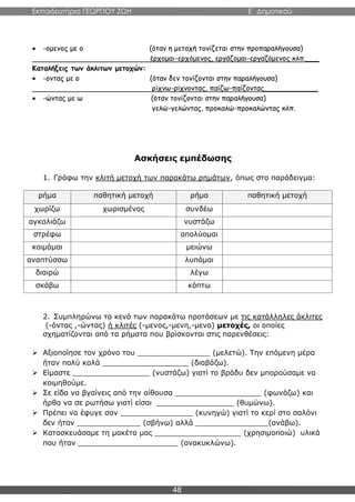Εκπαιδευτήρια ΓΕΩΡΓΙΟΥ ΖΩΗ E΄ Δημοτικού
48
 -ομενος με ο (όταν η μετοχή τονίζεται στην προπαραλήγουσα)
έρχομαι-ερχόμενος, εργάζομαι-εργαζόμενος κλπ.___
Καταλήξεις των άκλιτων μετοχών:
 -οντας με ο (όταν δεν τονίζονται στην παραλήγουσα)
ρίχνω-ρίχνοντας, παίζω-παίζοντας____________
 -ώντας με ω (όταν τονίζονται στην παραλήγουσα)
γελώ-γελώντας, προκαλώ-προκαλώντας κλπ.
Ασκήσεις εμπέδωσης
1. Γράφω την κλιτή μετοχή των παρακάτω ρημάτων, όπως στο παράδειγμα:
ρήμα παθητική μετοχή ρήμα παθητική μετοχή
χωρίζω χωρισμένος συνδέω
αγκαλιάζω νυστάζω
στρέφω απολύομαι
κοιμάμαι μειώνω
αναπτύσσω λυπάμαι
διαιρώ λέγω
σκάβω κόπτω
2. Συμπληρώνω τα κενά των παρακάτω προτάσεων με τις κατάλληλες άκλιτες
(-όντας ,-ώντας) ή κλιτές (-μενος,-μενη,-μενο) μετοχές, οι οποίες
σχηματίζονται από τα ρήματα που βρίσκονται στις παρενθέσεις:
 Αξιοποίησε τον χρόνο του ________________ (μελετώ). Την επόμενη μέρα
ήταν πολύ καλά ___________________ (διαβάζω).
 Είμαστε _________________ (νυστάζω) γιατί το βράδυ δεν μπορούσαμε να
κοιμηθούμε.
 Σε είδα να βγαίνεις από την αίθουσα ___________________ (φωνάζω) και
ήρθα να σε ρωτήσω γιατί είσαι _________________ (θυμώνω).
 Πρέπει να έφυγε σαν ________________ (κυνηγώ) γιατί το κερί στο σαλόνι
δεν ήταν ______________ (σβήνω) αλλά ________________(ανάβω).
 Κατασκευάσαμε τη μακέτα μας ___________________ (χρησιμοποιώ) υλικά
που ήταν ______________________ (ανακυκλώνω).
 