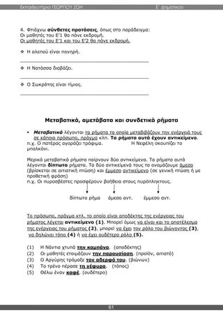 Εκπαιδευτήρια ΓΕΩΡΓΙΟΥ ΖΩΗ E΄ Δημοτικού
61
4. Φτιάχνω σύνθετες προτάσεις, όπως στο παράδειγμα:
Οι μαθητές του Ε’1 θα πάνε εκδρομή.
Οι μαθητές του Ε’1 και του Ε’2 θα πάνε εκδρομή.
 Η αλεπού είναι πονηρή.
_____________________________________________
 Η Νατάσσα διαβάζει.
_____________________________________________
 Ο Σωκράτης είναι τίμιος.
_____________________________________________
Μεταβατικά, αμετάβατα και συνδετικά ρήματα
 Μεταβατικά λέγονται τα ρήματα τα οποία μεταβιβάζουν την ενέργειά τους
σε κάποιο πρόσωπο, πράγμα κλπ. Τα ρήματα αυτά έχουν αντικείμενο.
π.χ. Ο πατέρας αγοράζει τρόφιμα. Η Νεφέλη σκουπίζει το
μπαλκόνι.
Μερικά μεταβατικά ρήματα παίρνουν δύο αντικείμενα. Τα ρήματα αυτά
λέγονται δίπτωτα ρήματα. Τα δύο αντικείμενά τους τα ονομάζουμε άμεσο
(βρίσκεται σε αιτιατική πτώση) και έμμεσο αντικείμενο (σε γενική πτώση ή με
προθετική φράση)
π.χ. Οι πυροσβέστες προσφέρουν βοήθεια στους πυρόπληκτους.
δίπτωτο ρήμα άμεσο αντ. έμμεσο αντ.
Το πρόσωπο, πράγμα κτλ. το οποίο είναι αποδέκτης της ενέργειας του
ρήματος λέγεται αντικείμενο (1). Μπορεί όμως να είναι και το αποτέλεσμα
της ενέργειας του ρήματος (2), μπορεί να έχει τον ρόλο του βιώνοντος (3),
να δηλώνει τόπο (4) ή να έχει ουδέτερο ρόλο (5).
(1) Η Νάντια χτυπά την καμπάνα. (αποδέκτης)
(2) Οι μαθητές ετοιμάζουν την παρουσίαση. (προϊόν, αιτιατό)
(3) Ο Αργύρης τρόμαξε τον αδερφό του. (βιώνων)
(4) Το τρένο πέρασε τη γέφυρα. (τόπος)
(5) Θέλω έναν καφέ. (ουδέτερο)
 