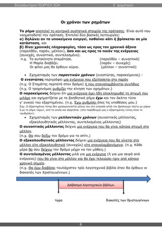Εκπαιδευτήρια ΓΕΩΡΓΙΟΥ ΖΩΗ E΄ Δημοτικού
6
Οι χρόνοι των ρημάτων
Το ρήμα αποτελεί το κεντρικό συστατικό στοιχείο της πρότασης. Είναι αυτό που
νοηματοδοτεί την πρόταση. Επιτελεί δύο βασικές λειτουργίες:
α) δηλώνει αν το υποκείμενο ενεργεί, παθαίνει κάτι ή βρίσκεται σε μία
κατάσταση, και
β) δίνει χρονικές πληροφορίες, τόσο ως προς τον χρονικό άξονα
(παρελθόν, παρόν, μέλλον), όσο και ως προς το ποιόν της ενέργειας
(συνεχές, συνοπτικό, συντελεσμένο).
π.χ. Το αυτοκίνητο σταμάτησε. (παρελθόν – συνοπτικό)
Η Μαρία διαβάζει. (παρόν – συνεχές)
Οι φίλοι μας θα έρθουν αύριο. (μέλλον – συνοπτικό)
 Σχηματισμός των παροντικών χρόνων (ενεστώτας, παρακείμενος) :
Ο ενεστώτας περιγράφει μια ενέργεια που εξελίσσεται στο παρόν
(π.χ. Ο Σταμάτης περπατά στον δρόμο) ή που επαναλαμβάνεται συνήθως
(π.χ. Ο τροχονόμος ρυθμίζει την κίνηση των οχημάτων.)
Ο παρακείμενος δείχνει ότι μια ενέργεια έχει ήδη ολοκληρωθεί τη στιγμή που
μιλάμε και σχηματίζεται με το βοηθητικό ρήμα έχω και τον άκλιτο τύπο
γ’ ενικού του εξαρτημένου. (π.χ. Έχω ρυθμίσει όλες τις υποθέσεις μου.)
Σημ. Ο εξαρτημένος τύπος δεν χρησιμοποιείται μόνος του στη γλώσσα αλλά τον βρίσκουμε πάντα με μόρια
ή με το ρήμα «έχω», από τα οποία και εξαρτάται. (στο παράδειγμά μας ο εξαρτημένος τύπος είναι το
«ρυθμίσει»)
 Σχηματισμός των μελλοντικών χρόνων (συνοπτικός μέλλοντας,
εξακολουθητικός μέλλοντας, συντελεσμένος μέλλοντας)
Ο συνοπτικός μέλλοντας δείχνει μια ενέργεια που θα γίνει κάποια στιγμή στο
μέλλον.
(π.χ. Θα σου δείξω τον δρόμο για το σπίτι.)
Ο εξακολουθητικός μέλλοντας δείχνει μια ενέργεια που θα γίνεται στο
μέλλον είτε εξακολουθητικά (συνεχώς) είτε επαναλαμβανόμενα. (π.χ. Κάθε
μέρα θα σου δείχνω τον δρόμο μέχρι να τον μάθεις.)
Ο συντελεσμένος μέλλοντας μιλά για μια ενέργεια (ή για μια σειρά από
ενέργειες) που θα γίνει στο μέλλον και θα έχει τελειώσει πριν από κάποιο
χρονικό σημείο.
(π.χ. Θα έχω διαβάσει τουλάχιστον τρία λογοτεχνικά βιβλία όταν θα έρθουν οι
διακοπές των Χριστουγέννων.)
τώρα διακοπές των Χριστουγέννων
Διάβασμα λογοτεχνικών βιβλίων.
 