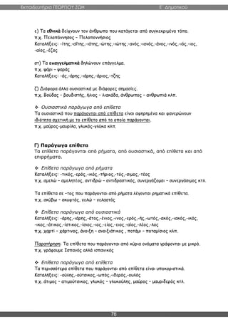 Εκπαιδευτήρια ΓΕΩΡΓΙΟΥ ΖΩΗ E΄ Δημοτικού
76
ε) Τα εθνικά δείχνουν τον άνθρωπο που κατάγεται από συγκεκριμένο τόπο.
π.χ. Πελοπόννησος – Πελοποννήσιος
Καταλήξεις: -ίτης,-αΐτης,-ιάτης,-ώτης,-ιώτης,-ανός,-ιανός,-άνος,-ινός,-ιός,-ιος,
-αίος,-έζος
στ) Τα επαγγελματικά δηλώνουν επάγγελμα.
π.χ. ψάρι – ψαράς
Καταλήξεις: -άς,-άρης,-ιάρης,-άριος,-τζης
ζ) Διάφορα άλλα ουσιαστικά με διάφορες σημασίες.
π.χ. Βούδας – βουδιστής, ήλιος – λιακάδα, άνθρωπος – ανθρωπιά κλπ.
 Ουσιαστικά παράγωγα από επίθετα
Τα ουσιαστικά που παράγονται από επίθετα είναι αφηρημένα και φανερώνουν
ιδιότητα σχετική με το επίθετο από το οποίο παράγονται.
π.χ. μαύρος-μαυρίλα, γλυκός-γλύκα κλπ.
Γ) Παράγωγα επίθετα
Τα επίθετα παράγονται από ρήματα, από ουσιαστικά, από επίθετα και από
επιρρήματα.
 Επίθετα παράγωγα από ρήματα
Καταλήξεις: -τικός,-ερός,-ικός,-τήριος,-τός,-σιμος,-τέος
π.χ. αμελώ – αμελητέος, αντιδρώ – αντιδραστικός, συνεργάζομαι – συνεργάσιμος κτλ.
Τα επίθετα σε –τος που παράγονται από ρήματα λέγονται ρηματικά επίθετα.
π.χ. σκύβω – σκυφτός, γελώ – γελαστός
 Επίθετα παράγωγα από ουσιαστικά
Καταλήξεις: -άρης,-ιάρης,-άτος,-ένιος,-ινος,-ερός,-ής,-ωτός,-ακός,-ιακός,-ικός,
-ικος,-άτικος,-ίστικος,-ίσιος,-ιος,-είος,-ειος,-αίος,-λέος,-λος
π.χ. χαρτί – χάρτινος, άνοιξη – ανοιξιάτικος , ποτάμι – ποταμίσιος κλπ.
Παρατήρηση: Τα επίθετα που παράγονται από κύρια ονόματα γράφονται με μικρό.
π.χ. γράφουμε Ισπανός αλλά ισπανικός
 Επίθετα παράγωγα από επίθετα
Τα περισσότερα επίθετα που παράγονται από επίθετα είναι υποκοριστικά.
Καταλήξεις: -ούλης,-ούτσικος,-ωπός,-ιδερός,-ουλός
π.χ. άτιμος – ατιμούτσικος, γλυκός – γλυκούλης, μαύρος – μαυριδερός κτλ.
 