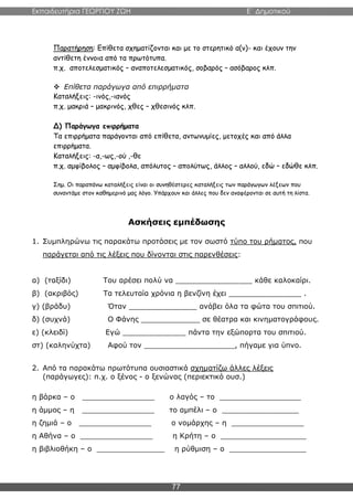 Εκπαιδευτήρια ΓΕΩΡΓΙΟΥ ΖΩΗ E΄ Δημοτικού
77
Παρατήρηση: Επίθετα σχηματίζονται και με το στερητικό α(ν)- και έχουν την
αντίθετη έννοια από τα πρωτότυπα.
π.χ. αποτελεσματικός – αναποτελεσματικός, σοβαρός – ασόβαρος κλπ.
 Επίθετα παράγωγα από επιρρήματα
Καταλήξεις: -ινός,-ιανός
π.χ. μακριά – μακρινός, χθες – χθεσινός κλπ.
Δ) Παράγωγα επιρρήματα
Τα επιρρήματα παράγονται από επίθετα, αντωνυμίες, μετοχές και από άλλα
επιρρήματα.
Καταλήξεις: -α,-ως,-ού ,-θε
π.χ. αμφίβολος – αμφίβολα, απόλυτος – απολύτως, άλλος – αλλού, εδώ – εδώθε κλπ.
Σημ. Οι παραπάνω καταλήξεις είναι οι συνηθέστερες καταλήξεις των παράγωγων λέξεων που
συναντάμε στον καθημερινό μας λόγο. Υπάρχουν και άλλες που δεν αναφέρονται σε αυτή τη λίστα.
Ασκήσεις εμπέδωσης
1. Συμπληρώνω τις παρακάτω προτάσεις με τον σωστό τύπο του ρήματος, που
παράγεται από τις λέξεις που δίνονται στις παρενθέσεις:
α) (ταξίδι) Του αρέσει πολύ να _________________ κάθε καλοκαίρι.
β) (ακριβός) Τα τελευταία χρόνια η βενζίνη έχει ________________ .
γ) (βράδυ) Όταν _______________ ανάβει όλα τα φώτα του σπιτιού.
δ) (συχνά) Ο Φάνης _____________ σε θέατρα και κινηματογράφους.
ε) (κλειδί) Εγώ ______________ πάντα την εξώπορτα του σπιτιού.
στ) (καληνύχτα) Αφού τον ____________________, πήγαμε για ύπνο.
2. Από τα παρακάτω πρωτότυπα ουσιαστικά σχηματίζω άλλες λέξεις
(παράγωγες): π.χ. ο ξένος - ο ξενώνας (περιεκτικό ουσ.)
η βάρκα – ο ________________ ο λαγός – το __________________
η άμμος – η ________________ το αμπέλι – ο _________________
η ζημιά – ο ________________ ο νομάρχης – η ________________
η Αθήνα – ο ________________ η Κρήτη – ο ___________________
η βιβλιοθήκη – ο _______________ η ρύθμιση – ο _________________
 