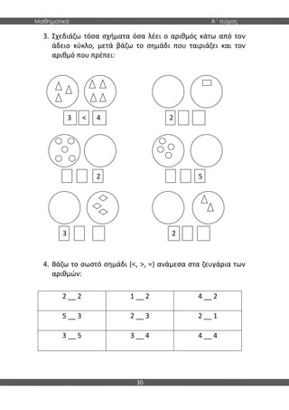 Μαθηματικά Α΄ τεύχος
30
3. Σχεδιάζω τόσα σχήματα όσα λέει ο αριθμός κάτω από τον
άδειο κύκλο, μετά βάζω το σημάδι που ταιριάζει και τον
αριθμό που πρέπει:
4. Bάζω το σωστό σημάδι (<, >, =) ανάμεσα στα ζευγάρια των
αριθμών:
2 __ 2 1 __ 2 4 __ 2
5 __ 3 2 __ 3 2 __ 1
3 __ 5 3 __ 4 4 __ 4
3 < 4 2
2 5
3 2
 