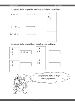 Μαθηματικά Α΄ τεύχος
34
3. Γράφω δίπλα στην κάθε οριζόντια πρόσθεση την κάθετη:
4 + 1 = 5
2 + 2 = __
1+ 1 + 2 = __
4. Γράφω δίπλα στην κάθετη πρόσθεση την οριζόντια:
4
+ 1
5
2
+ 2
4
1
+ 2
3
+ 1
5
+ 0
2 + 2 = 4
Δεν ξεχνώ να βάλω + στην
κάθετη πρόσθεση.
 