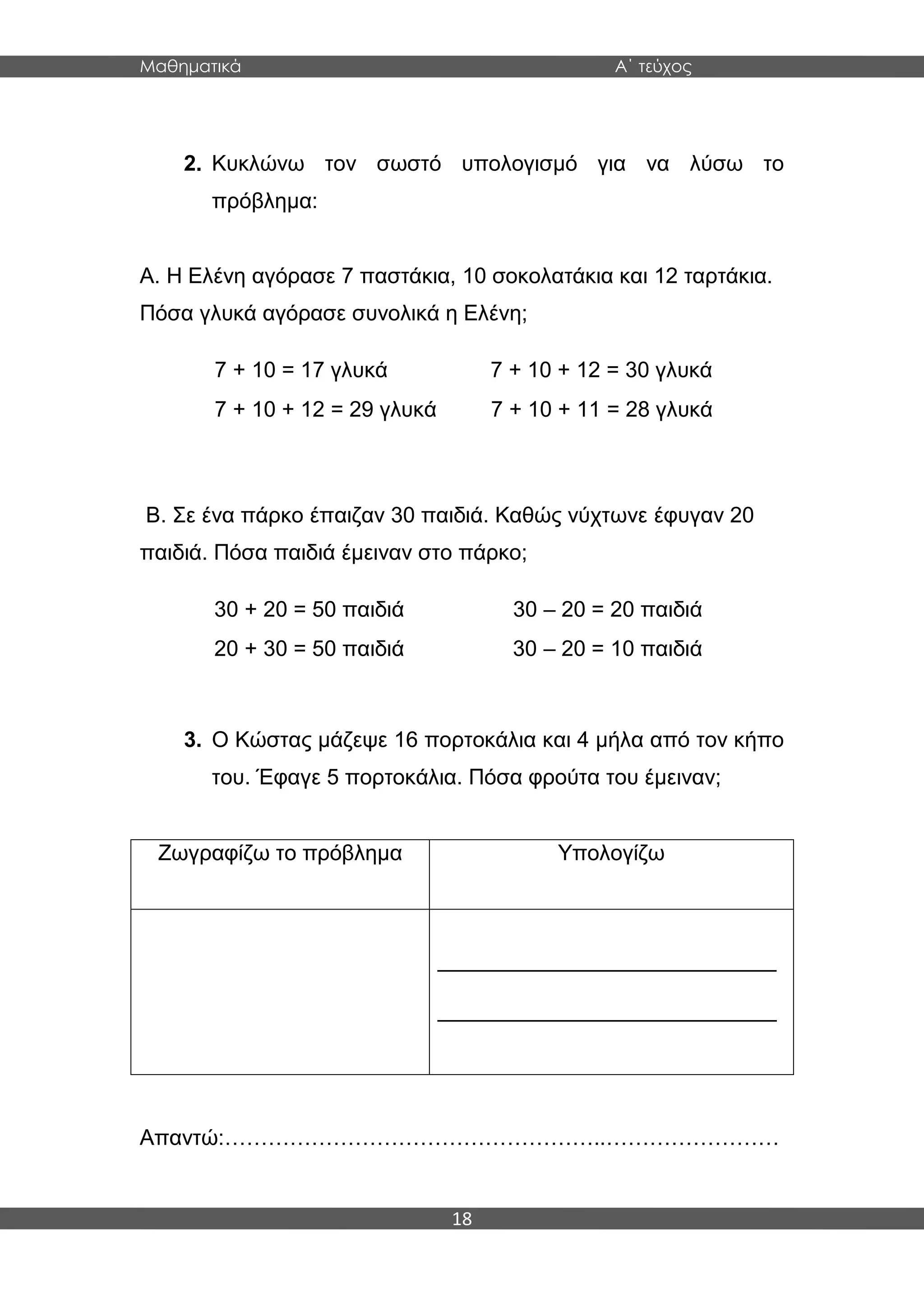 Μαθηματικά Α΄ τεύχος
18
2. Κυκλώνω τον σωστό υπολογισμό για να λύσω το
πρόβλημα:
Α. Η Ελένη αγόρασε 7 παστάκια, 10 σοκολατάκια και 12 ταρτάκια.
Πόσα γλυκά αγόρασε συνολικά η Ελένη;
Β. Σε ένα πάρκο έπαιζαν 30 παιδιά. Καθώς νύχτωνε έφυγαν 20
παιδιά. Πόσα παιδιά έμειναν στο πάρκο;
3. Ο Κώστας μάζεψε 16 πορτοκάλια και 4 μήλα από τον κήπο
του. Έφαγε 5 πορτοκάλια. Πόσα φρούτα του έμειναν;
Ζωγραφίζω το πρόβλημα Υπολογίζω
____________________________
____________________________
Απαντώ:……………………………………………..……………………
7 + 10 = 17 γλυκά 7 + 10 + 12 = 30 γλυκά
7 + 10 + 12 = 29 γλυκά 7 + 10 + 11 = 28 γλυκά
30 + 20 = 50 παιδιά 30 – 20 = 20 παιδιά
20 + 30 = 50 παιδιά 30 – 20 = 10 παιδιά
 