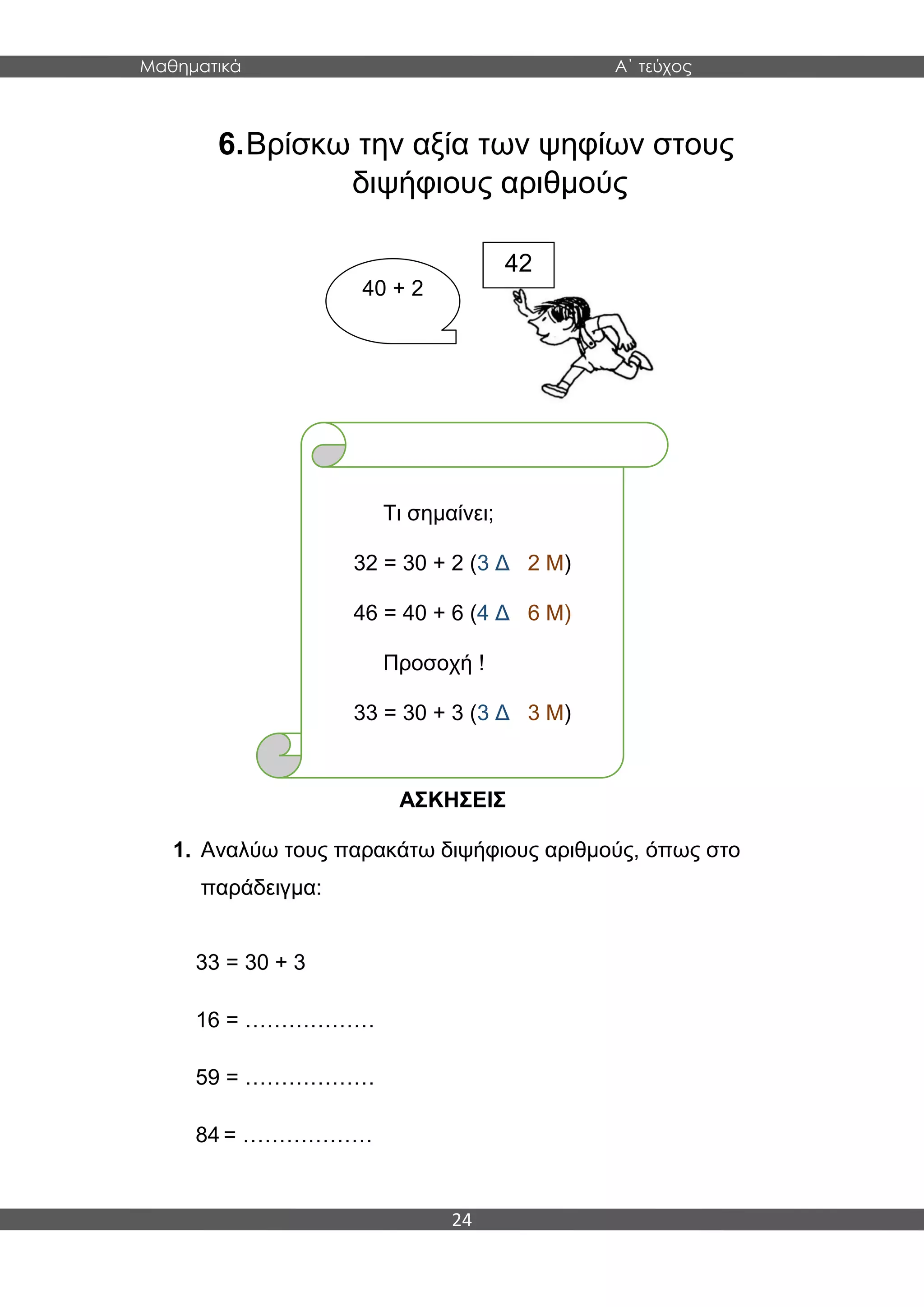 Μαθηματικά Α΄ τεύχος
24
6.Βρίσκω την αξία των ψηφίων στους
διψήφιους αριθμούς
ΑΣΚΗΣΕΙΣ
1. Αναλύω τους παρακάτω διψήφιους αριθμούς, όπως στο
παράδειγμα:
33 = 30 + 3
16 = ………………
59 = ………………
84 = ………………
42
40 + 2
Τι σημαίνει;
32 = 30 + 2 (3 Δ 2 Μ)
46 = 40 + 6 (4 Δ 6 Μ)
Προσοχή !
33 = 30 + 3 (3 Δ 3 Μ)
 