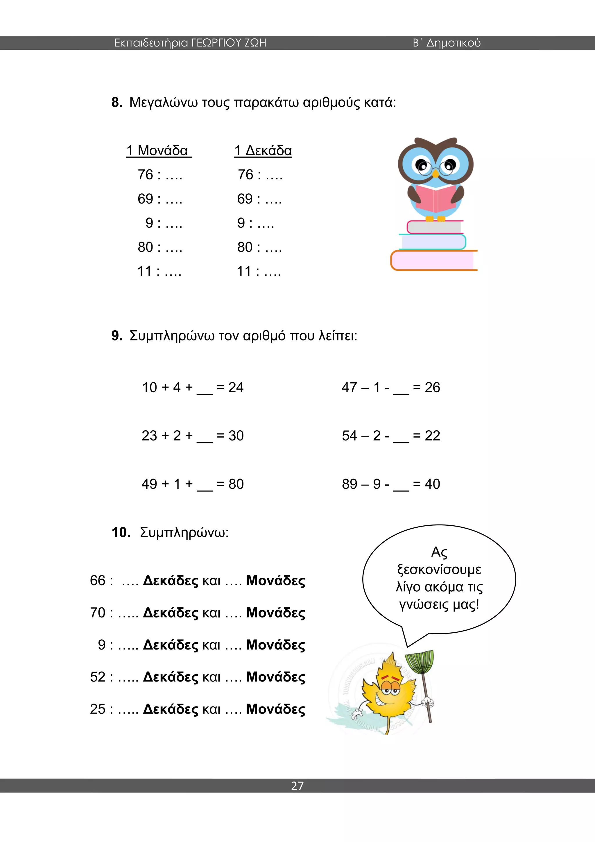 Εκπαιδευτήρια ΓΕΩΡΓΙΟΥ ΖΩΗ Β΄ Δημοτικού
27
8. Μεγαλώνω τους παρακάτω αριθμούς κατά:
1 Μονάδα 1 Δεκάδα
76 : …. 76 : ….
69 : …. 69 : ….
9 : …. 9 : ….
80 : …. 80 : ….
11 : …. 11 : ….
9. Συμπληρώνω τον αριθμό που λείπει:
10 + 4 + __ = 24 47 – 1 - __ = 26
23 + 2 + __ = 30 54 – 2 - __ = 22
49 + 1 + __ = 80 89 – 9 - __ = 40
10. Συμπληρώνω:
66 : …. Δεκάδες και …. Μονάδες
70 : ….. Δεκάδες και …. Μονάδες
9 : ….. Δεκάδες και …. Μονάδες
52 : ….. Δεκάδες και …. Μονάδες
25 : ….. Δεκάδες και …. Μονάδες
Ας
ξεσκονίσουμε
λίγο ακόμα τις
γνώσεις μας!
 