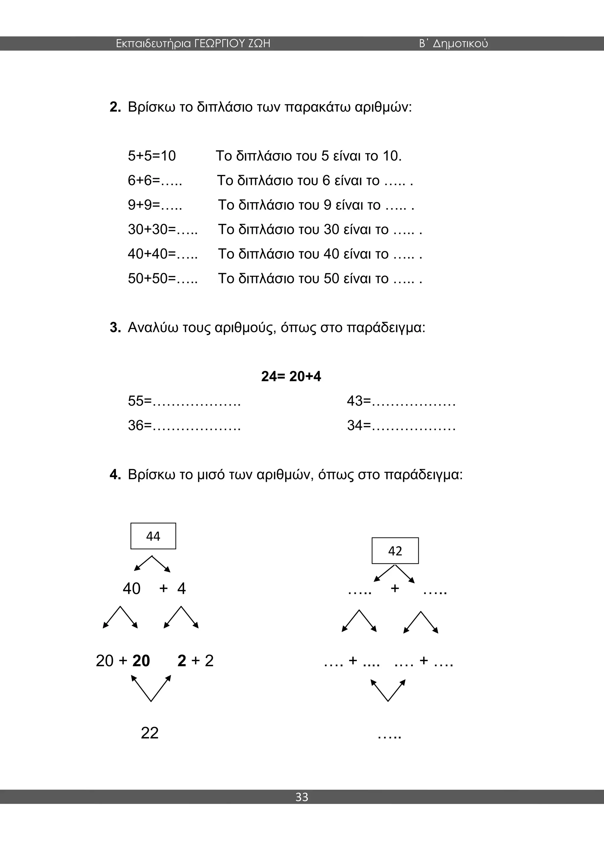Εκπαιδευτήρια ΓΕΩΡΓΙΟΥ ΖΩΗ Β΄ Δημοτικού
33
2. Βρίσκω το διπλάσιο των παρακάτω αριθμών:
5+5=10 Το διπλάσιο του 5 είναι το 10.
6+6=….. Το διπλάσιο του 6 είναι το ….. .
9+9=….. Το διπλάσιο του 9 είναι το ….. .
30+30=….. Το διπλάσιο του 30 είναι το ….. .
40+40=….. Το διπλάσιο του 40 είναι το ….. .
50+50=….. Το διπλάσιο του 50 είναι το ….. .
3. Αναλύω τους αριθμούς, όπως στο παράδειγμα:
24= 20+4
55=………………. 43=………………
36=………………. 34=………………
4. Βρίσκω το μισό των αριθμών, όπως στο παράδειγμα:
40 + 4 ….. + …..
20 + 20 2 + 2 …. + .... .… + ….
22 …..
44
42
 