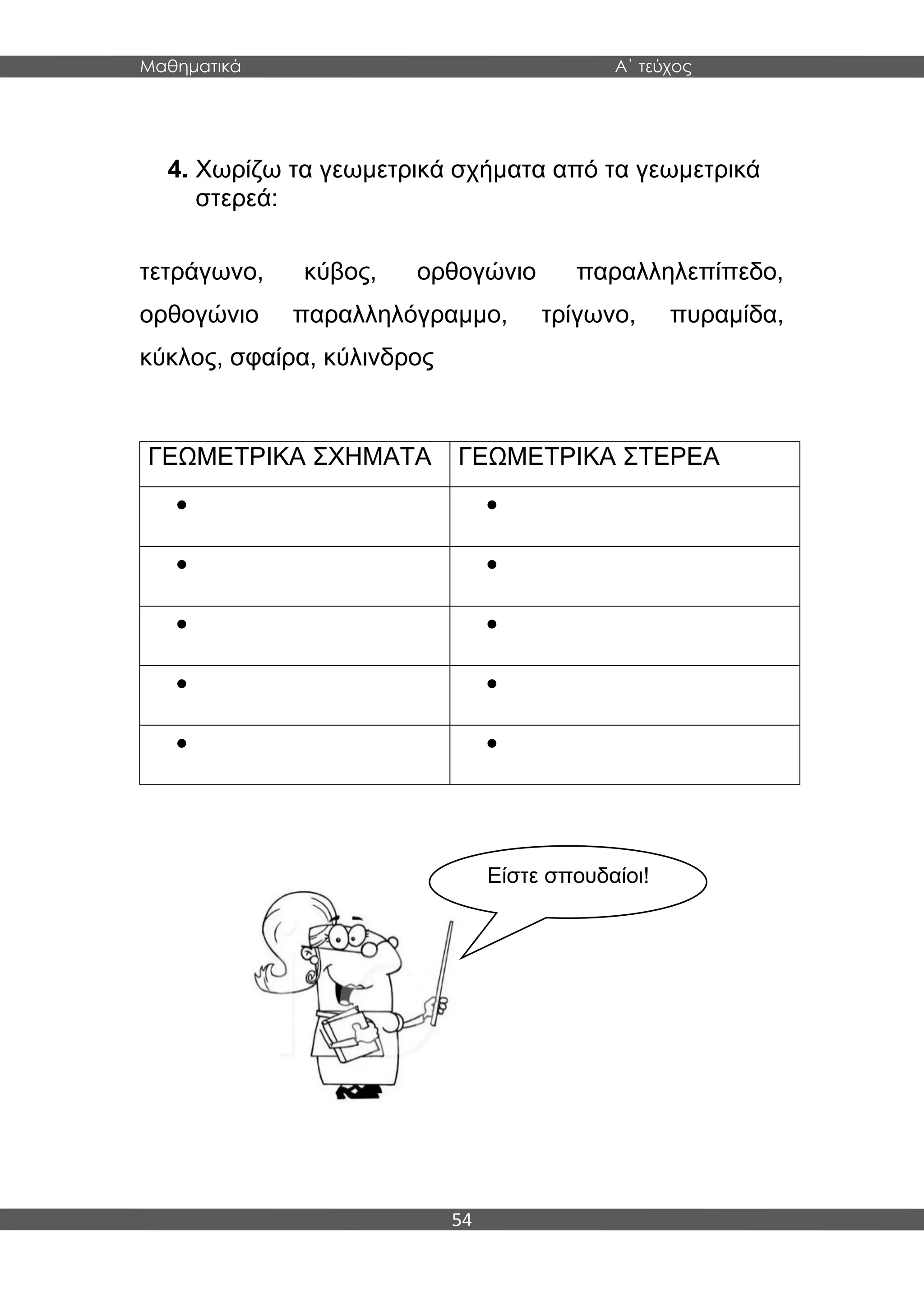 Μαθηματικά Α΄ τεύχος
54
4. Χωρίζω τα γεωμετρικά σχήματα από τα γεωμετρικά
στερεά:
τετράγωνο, κύβος, ορθογώνιο παραλληλεπίπεδο,
ορθογώνιο παραλληλόγραμμο, τρίγωνο, πυραμίδα,
κύκλος, σφαίρα, κύλινδρος
ΓΕΩΜΕΤΡΙΚΑ ΣΧΗΜΑΤΑ ΓΕΩΜΕΤΡΙΚΑ ΣΤΕΡΕΑ
 
 
 
 
 
Είστε σπουδαίοι!
 