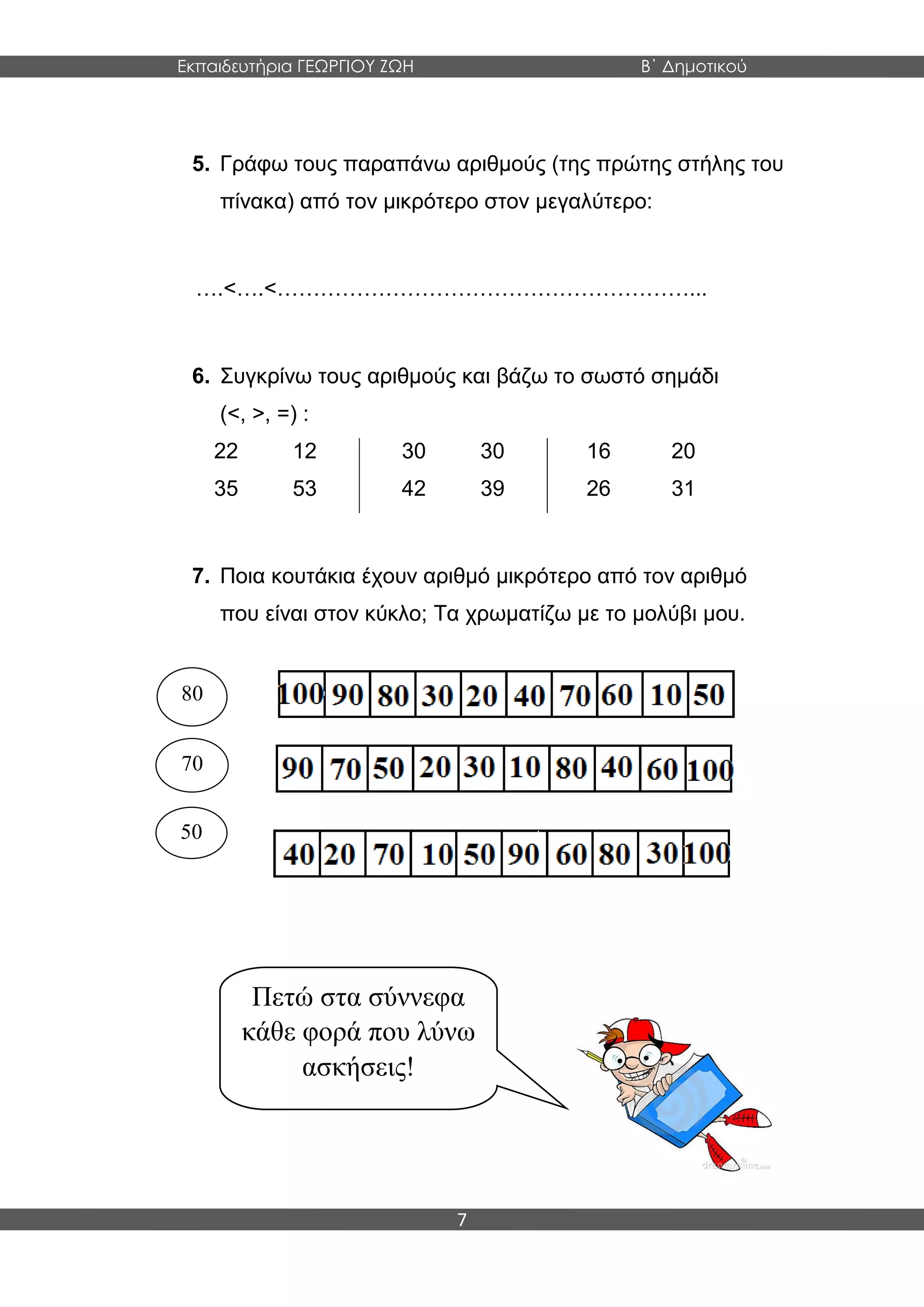 Εκπαιδευτήρια ΓΕΩΡΓΙΟΥ ΖΩΗ Β΄ Δημοτικού
7
5. Γράφω τους παραπάνω αριθμούς (της πρώτης στήλης του
πίνακα) από τον μικρότερο στον μεγαλύτερο:
….<….<…………………………………………………...
6. Συγκρίνω τους αριθμούς και βάζω το σωστό σημάδι
(<, >, =) :
22 12 30 30 16 20
35 53 42 39 26 31
7. Ποια κουτάκια έχουν αριθμό μικρότερο από τον αριθμό
που είναι στον κύκλο; Τα χρωματίζω με το μολύβι μου.
80
70
50
Πετώ στα σύννεφα
κάθε φορά που λύνω
ασκήσεις!
 
