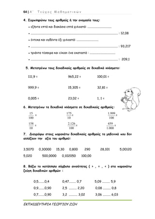 64 | Α ’ Τ ε ύ χ ο ς Μ α θ η μ α τ ι κ ώ ν
ΕΚΠΑΙΔΕΥΤΗΡΙΑ ΓΕΩΡΓΙΟΥ ΖΩΗ
4. Συμπληρώνω τους αριθμούς ή την ονομασία τους:
● εξήντα επτά και διακόσια επτά χιλιοστά: ...............................
● ................................................................................................................ : 12,08
● έντεκα και ογδόντα έξι χιλιοστά: ............................
● ................................................................................................................ : 93,217
● τριάντα τέσσερα και είκοσι ένα εκατοστά : .................................
● ................................................................................................................ : 209,1
5. Μετατρέπω τους δεκαδικούς αριθμούς σε δεκαδικά κλάσματα:
111,9 = 965,22 = 100,01 =
999,9 = 15,305 = 32,81 =
0,005 = 23,02 = 1, 1 =
6. Μετατρέπω τα δεκαδικά κλάσματα σε δεκαδικούς αριθμούς:
15
100
=
175
10
=
1.999
100
=
158
10
=
2.126
100
=
459
1.000
=
7. Διαγράφω στους παρακάτω δεκαδικούς αριθμούς τα μηδενικά που δεν
αλλάζουν την αξία του αριθμού:
3,5070 0,30000 15,30 0,800 290 28,101 5,00120
5,020 500,0000 0,102050 100,00
8. Βάζω το κατάλληλο σύμβολο ανισότητας ( > , = , < ) στα παρακάτω
ζεύγη δεκαδικών αριθμών :
0,5........0,4 0,47......... 0,7 5,09 .......... 5,9
0,9........0,90 2,5 .......... 2,20 0,08 .......... 0,8
0,7........0,90 3,2 ........... 3,02 3,06 .......... 6,03
 