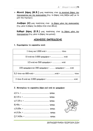 Δ ΄ Δ η μ ο τ ι κ ο ύ | 75
ΕΚΠΑΙΔΕΥΤΗΡΙΑ ΓΕΩΡΓΙΟΥ ΖΩΗ
 Μεικτό βάρος (Μ.Β.) μιας ποσότητας είναι το συνολικό βάρος του
περιεχομένου και της συσκευασίας (π.χ. το βάρος ενός βάζου μαζί με το
μέλι που περιέχει).
Απόβαρο (Α) μιας ποσότητας είναι το βάρος μόνο της συσκευασίας
(π.χ. μόνο το βάρος του βάζου όταν είναι άδειο).
Καθαρό βάρος (Κ.Β.) μιας ποσότητας είναι το βάρος μόνο του
περιεχομένου (π.χ. μόνο το βάρος του μελιού).
ΑΣΚΗΣΕΙΣ ΕΜΠΕΔΩΣΗΣ
1. Συμπληρώνω τα παρακάτω κενά:
1 τόνος και 1.000 κιλά = …………………………… τόνοι
13 κιλά και 3.000 γραμμάρια = ……………………….. κιλά
3,5 κιλά και 500 γραμμάρια = ………………… κιλά
220 γραμμάρια και 280 γραμμάρια = ………… γραμμάρια = ……… κιλά
5,2 τόνοι και 800 κιλά = ...........................................κιλά = ............................. τόνοι
3 τόνοι 8 κιλά και 3.000 γραμμάρια = ......................................................... κιλά
2. Μετατρέπω τα παρακάτω βάρη από κιλά σε γραμμάρια:
α) 2 κ. = ........................................................... γραμμ.
β) 3,5 κ. = ....................................................... γραμμ.
γ) 7,25 κ. = ..................................................... γραμμ.
δ) 40κ. = .......................................................... γραμμ.
ε) 5,05κ. = ....................................................... γραμμ.
στ) 0,5κ. = ........................................................ γραμμ.
ζ) 7,435κ. = ..................................................... γραμμ.
 