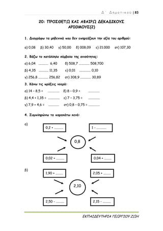 Δ ΄ Δ η μ ο τ ι κ ο ύ | 83
ΕΚΠΑΙΔΕΥΤΗΡΙΑ ΓΕΩΡΓΙΟΥ ΖΩΗ
20: ΠΡΟΣΘΕΤΩ ΚΑΙ ΑΦΑΙΡΩ ΔΕΚΑΔΙΚΟΥΣ
ΑΡΙΘΜΟΥΣ(2)
1. Διαγράφω τα μηδενικά που δεν επηρεάζουν την αξία του αριθμού:
α) 0,08 β) 30,40 γ) 50,00 δ) 008,09 ε) 21.000 στ) 107,30
2. Βάζω το κατάλληλο σύμβολο της ανισότητας:
α) 6,04 ............ 6,40 δ) 508,7 ............. 508,700
β) 4,35 ............ 11,35 ε) 0,01 .............. 0,10
γ) 256,8 ............ 256,82 στ) 308,9 ............. 30,89
3. Κάνω τις πράξεις νοερά:
α) 14 – 8,5 = .............. δ) 8 – 0,9 = ..............
β) 4,4 + 1,35 = .............. ε) 7 – 3,75 = ..............
γ) 7,9 + 4,6 = ............. στ) 0,8 – 0,75 = ..............
4. Συμπληρώνω τα παρακάτω κενά:
α)
β)
0,2 + ........... 1 - ............
0,02 + .......... 0,04 + .........
0,8
1,90 + ......... 2,05 + .........
2,10
2,50 - .......... 2,15 - ..........
 