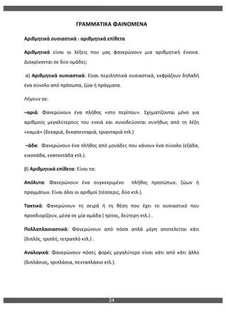 24
	
  
ΓΡΑΜΜΑΤΙΚΑ	
  ΦΑΙΝΟΜΕΝΑ	
  
Αριθμητικά	
  ουσιαστικά	
  -­‐	
  αριθμητικά	
  επίθετα	
  	
  
Αριθμητικά	
   είναι	
   οι	
   λέξεις	
   που	
   μας	
   φανερώνουν	
   μια	
   αριθμητική	
   έννοια.	
  
Διακρίνονται	
  σε	
  δύο	
  ομάδες:	
  	
  
	
  α)	
  Αριθμητικά	
  ουσιαστικά:	
  Είναι	
  περιληπτικά	
  ουσιαστικά,	
  εκφράζουν	
  δηλαδή	
  
ένα	
  σύνολο	
  από	
  πρόσωπα,	
  ζώα	
  ή	
  πράγματα.	
  	
  
Λήγουν	
  σε:	
  	
  
–αριά:	
   Φανερώνουν	
   ένα	
   πλήθος	
   «στο	
   περίπου».	
   Σχηματίζονται	
   μόνο	
   για	
  
αριθμούς	
   μεγαλύτερους	
   του	
   εννιά	
   και	
   συνοδεύονται	
   συνήθως	
   από	
   τη	
   λέξη	
  
«καμιά»	
  (δεκαριά,	
  δεκαπενταριά,	
  τριανταριά	
  κτλ.)	
  
	
  –άδα:	
  	
  Φανερώνουν	
  ένα	
  πλήθος	
  από	
  μονάδες	
  που	
  κάνουν	
  ένα	
  σύνολο	
  (εξάδα,	
  
εικοσάδα,	
  εκατοντάδα	
  κτλ.).	
  
β)	
  Αριθμητικά	
  επίθετα:	
  Είναι	
  τα:	
  	
  
Απόλυτα:	
   Φανερώνουν	
   ένα	
   συγκεκριμένο	
   	
   πλήθος	
   προσώπων,	
   ζώων	
   ή	
  
πραγμάτων.	
  Είναι	
  όλοι	
  οι	
  αριθμοί	
  (τέσσερις,	
  δύο	
  κτλ.).	
  	
  
Τακτικά:	
   Φανερώνουν	
   τη	
   σειρά	
   ή	
   τη	
   θέση	
   που	
   έχει	
   το	
   ουσιαστικό	
   που	
  
προσδιορίζουν,	
  μέσα	
  σε	
  μία	
  ομάδα	
  (	
  τρίτος,	
  δεύτερη	
  κτλ.)	
  .	
  
Πολλαπλασιαστικά:	
   Φανερώνουν	
   από	
   πόσα	
   απλά	
   μέρη	
   αποτελείται	
   κάτι	
  
(διπλός,	
  τριπλή,	
  τετραπλό	
  κτλ.)	
  .	
  
Αναλογικά:	
   Φανερώνουν	
   πόσες	
   φορές	
   μεγαλύτερο	
   είναι	
   κάτι	
   από	
   κάτι	
   άλλο	
  
(διπλάσιος,	
  τριπλάσια,	
  πενταπλάσιο	
  κτλ.).	
  
 