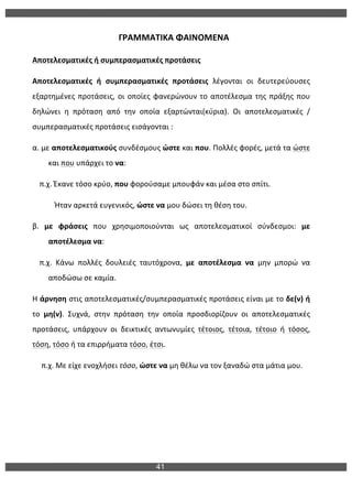 41
	
  
ΓΡΑΜΜΑΤΙΚΑ	
  ΦΑΙΝΟΜΕΝΑ	
  
Αποτελεσματικές	
  ή	
  συμπερασματικές	
  προτάσεις	
  
Αποτελεσματικές	
   ή	
   συμπερασματικές	
   προτάσεις	
   λέγονται	
   οι	
   δευτερεύουσες	
  
εξαρτημένες	
  προτάσεις,	
  οι	
  οποίες	
  φανερώνουν	
  το	
  αποτέλεσμα	
  της	
  πράξης	
  που	
  
δηλώνει	
   η	
   πρόταση	
   από	
   την	
   οποία	
   εξαρτώνται(κύρια).	
   Οι	
   αποτελεσματικές	
   /	
  
συμπερασματικές	
  προτάσεις	
  εισάγονται	
  :	
  
α.	
  με	
  αποτελεσματικούς	
  συνδέσμους	
  ώστε	
  και	
  που.	
  Πολλές	
  φορές,	
  μετά	
  τα	
  ώστε	
  
και	
  που	
  υπάρχει	
  το	
  να:	
  
	
  π.χ.	
  Έκανε	
  τόσο	
  κρύο,	
  που	
  φορούσαμε	
  μπουφάν	
  και	
  μέσα	
  στο	
  σπίτι.	
  
	
  	
  	
  	
  	
  	
  	
  	
  	
  	
  	
  	
  Ήταν	
  αρκετά	
  ευγενικός,	
  ώστε	
  να	
  μου	
  δώσει	
  τη	
  θέση	
  του.	
  
β.	
   με	
   φράσεις	
   που	
   χρησιμοποιούνται	
   ως	
   αποτελεσματικοί	
   σύνδεσμοι:	
   με	
  
αποτέλεσμα	
  να:	
  
	
  π.χ.	
   Κάνω	
   πολλές	
   δουλειές	
   ταυτόχρονα,	
   με	
   αποτέλεσμα	
   να	
   μην	
   μπορώ	
   να	
  	
  	
  	
  	
  
αποδώσω	
  σε	
  καμία.	
  
Η	
  άρνηση	
  στις	
  αποτελεσματικές/συμπερασματικές	
  προτάσεις	
  είναι	
  με	
  το	
  δε(ν)	
  ή	
  
το	
   μη(ν).	
   Συχνά,	
   στην	
   πρόταση	
   την	
   οποία	
   προσδιορίζουν	
   οι	
   αποτελεσματικές	
  
προτάσεις,	
   υπάρχουν	
   οι	
   δεικτικές	
   αντωνυμίες	
   τέτοιος,	
   τέτοια,	
   τέτοιο	
   ή	
   τόσος,	
  
τόση,	
  τόσο	
  ή	
  τα	
  επιρρήματα	
  τόσο,	
  έτσι.	
  
	
  	
  π.χ.	
  Με	
  είχε	
  ενοχλήσει	
  τόσο,	
  ώστε	
  να	
  μη	
  θέλω	
  να	
  τον	
  ξαναδώ	
  στα	
  μάτια	
  μου.	
  
	
  
 