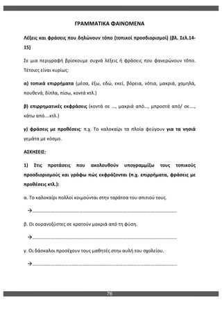 76
	
  
ΓΡΑΜΜΑΤΙΚΑ	
  ΦΑΙΝΟΜΕΝΑ	
  
Λέξεις	
  και	
  φράσεις	
  που	
  δηλώνουν	
  τόπο	
  (τοπικοί	
  προσδιορισμοί)	
  (βλ.	
  Σελ.14-­‐
15)	
  
Σε	
  μια	
  περιγραφή	
  βρίσκουμε	
  συχνά	
  λέξεις	
  ή	
  φράσεις	
  που	
  φανερώνουν	
  τόπο.	
  
Τέτοιες	
  είναι	
  κυρίως:	
  	
  
α)	
  τοπικά	
  επιρρήματα	
  (μέσα,	
  έξω,	
  εδώ,	
  εκεί,	
  βόρεια,	
  νότια,	
  μακριά,	
  χαμηλά,	
  
πουθενά,	
  δίπλα,	
  πίσω,	
  κοντά	
  κτλ.)	
  
β)	
  επιρρηματικές	
  εκφράσεις	
  (κοντά	
  σε	
  …,	
  μακριά	
  από…,	
  μπροστά	
  από/	
  σε….,	
  
κάτω	
  από….κτλ.)	
  
γ)	
   φράσεις	
   με	
   προθέσεις:	
   π.χ.	
   Το	
   καλοκαίρι	
   τα	
   πλοία	
   φεύγουν	
   για	
   τα	
   νησιά	
  
γεμάτα	
  με	
  κόσμο.	
  
ΑΣΚΗΣΕΙΣ:	
  
1)	
   Στις	
   προτάσεις	
   που	
   ακολουθούν	
   υπογραμμίζω	
   τους	
   τοπικούς	
  
προσδιορισμούς	
  και	
  γράφω	
  πώς	
  εκφράζονται	
  (π.χ.	
  επιρρήματα,	
  φράσεις	
  με	
  
προθέσεις	
  κτλ.):	
  
α.	
  Το	
  καλοκαίρι	
  πολλοί	
  κοιμούνται	
  στην	
  ταράτσα	
  του	
  σπιτιού	
  τους.	
  
	
  	
  	
  à………………………………………………………………………………………………………...	
  
β.	
  Οι	
  ουρανοξύστες	
  σε	
  κρατούν	
  μακριά	
  από	
  τη	
  φύση.	
  
	
  	
  	
  à………………………………………………………………………………………………………...	
  
γ.	
  Οι	
  δάσκαλοι	
  προσέχουν	
  τους	
  μαθητές	
  στην	
  αυλή	
  του	
  σχολείου.	
  
	
  	
  	
  à…………………………………………………………………………………………………….…..	
  
	
  
 