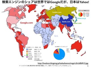 6イーンスパイア(株) 横田秀珠の著作権を尊重しつつ、是非ノウハウはシェアして行きましょう。
検索エンジンのシェアは世界ではGoogleだが、日本はYahoo!
http://livedoor.blogimg.jp/kaikaihanno/imgs/c/b/cbfbf413.jpg
 