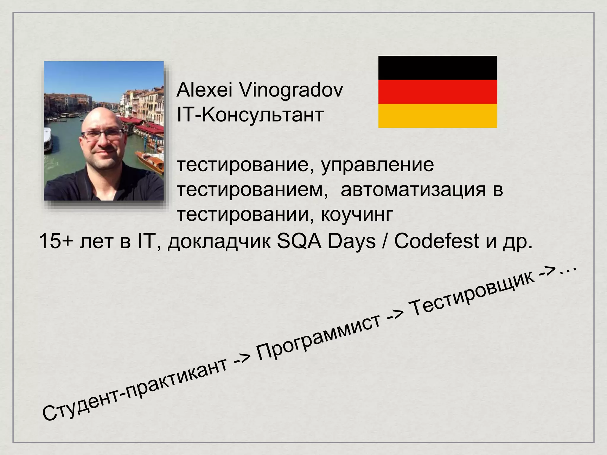 Alexei Vinogradov
IT-Kонсультант
тестирование, управление
тестированием, автоматизация в
тестировании, коучинг
15+ лет в IT, докладчик SQA Days / Codefest и др.
 