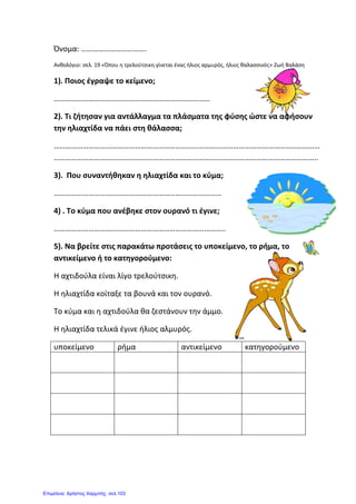 Όνομα: …………………………….
Ανθολόγιο: σελ. 19 «Όπου η τρελούτσικη γίνεται ένας ήλιος αρμυρός, ήλιος θαλασσινός» Ζωή Βαλάση
1). Ποιος έγραψε το κείμενο;
………………………………………………………………………
2). Τι ζήτησαν για αντάλλαγμα τα πλάσματα της φύσης ώστε να αφήσουν
την ηλιαχτίδα να πάει στη θάλασσα;
…………………………………………………………………………………………………………………………
………………………………………………………………………………………………………………………..
3). Που συναντήθηκαν η ηλιαχτίδα και το κύμα;
……………………………………………………………………………
4) . Το κύμα που ανέβηκε στον ουρανό τι έγινε;
……………………………………………………………………………..
5). Να βρείτε στις παρακάτω προτάσεις το υποκείμενο, το ρήμα, το
αντικείμενο ή το κατηγορούμενο:
Η αχτιδούλα είναι λίγο τρελούτσικη.
Η ηλιαχτίδα κοίταξε τα βουνά και τον ουρανό.
Το κύμα και η αχτιδούλα θα ζεστάνουν την άμμο.
Η ηλιαχτίδα τελικά έγινε ήλιος αλμυρός.
υποκείμενο ρήμα αντικείμενο κατηγορούμενο
Επιμέλεια: Χρήστος Χαρμπής σελ.103
 