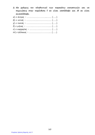 10
2. Να γράψεις τον πληθυντικό των παρακάτω ουσιαστικών και να
σημειώσεις στην παρένθεση Ι αν είναι ισοσύλλαβο και Α αν είναι
ανισοσύλλαβο.
α) ο άντρας - ………………………………..……… (…….)
β) ο νοτιάς - ………………………………………… (…….)
γ) ο παπάς - ………………………………………… (…….)
δ) ο μήνας - ……………………………………….… (…….)
ε) ο καρχαρίας - …………………………………… (…….)
στ) ο φύλακας - ………………………………….… (…….)
Επιμέλεια: Χρήστος Χαρμπής σελ.11
 