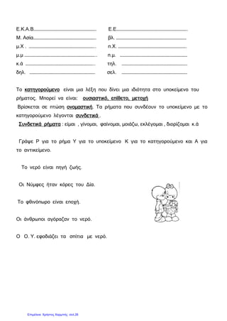 Ε.Κ.Α.Β…………………………………………………………. Ε.Ε………………………………………………………………….
Μ. Ασία…………………………………………………………. βλ. …………………………………………………………………
μ.Χ . …………………………………………………………….. π.Χ. ……………………………………………………………….
μ.μ ………………………………………………………………….. π.μ. ………………………………………………………………
κ.ά ……………………………………………………………….. τηλ. …………………………………………………………….
δηλ. ……………………………………………………………. σελ. …………………………………………………………….
Το κατηγορούμενο είναι μια λέξη που δίνει μια ιδιότητα στο υποκείμενο του
ρήματος. Μπορεί να είναι: ουσιαστικό, επίθετο, μετοχή
Βρίσκεται σε πτώση ονομαστική. Τα ρήματα που συνδέουν το υποκείμενο με το
κατηγορούμενο λέγονται συνδετικά .
Συνδετικά ρήματα : είμαι , γίνομαι, φαίνομαι, μοιάζω, εκλέγομαι , διορίζομαι κ.ά
Γράψε Ρ για το ρήμα Υ για το υποκείμενο Κ για το κατηγορούμενο και Α για
το αντικείμενο.
Το νερό είναι πηγή ζωής.
Οι Νύμφες ήταν κόρες του Δία.
Το φθινόπωρο είναι εποχή.
Οι άνθρωποι αγόραζαν το νερό.
Ο Ο. Υ. εφοδιάζει τα σπίτια με νερό.
Επιμέλεια: Χρήστος Χαρμπής σελ.26
 