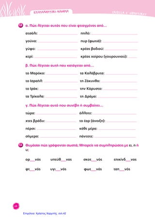 64
ΓΛΩΣΣΑ Δ’ ΔΗΜΟΤΙΚΟΥ
10 α. Πώς λέγεται αυτός που είναι φτιαγμένος από…
ατσάλι: πηλό:
γούνα: πυρ (φωτιά):
γύψο: κρέας βοδιού:
κερί: κρέας χοίρου (γουρουνιού):
β. Πώς λέγεται αυτή που κατάγεται από…
το Μαρόκο: τα Καλάβρυτα:
το Ισραήλ: τη Ζάκυνθο:
το Ιράκ: την Κάρυστο:
τα Τρίκαλα: τη Δράμα:
γ. Πώς λέγεται αυτό που συνέβη ή συμβαίνει…
τώρα: άλλοτε:
χτες βράδυ: το έαρ (άνοιξη):
πέρσι: κάθε μέρα:
σήμερα: πάντοτε:
11 Θυμάσαι πώς γράφονται σωστά; Μπορείς να συμπληρώσεις με ει, η ή
υ;
ορ___νός υπεύθ___νος σκοτ___νός επικίνδ___νος
φτ___νός υγι___νός φωτ___νός ταπ___νός
ΕΠΑΝΑΛΗΠΤΙΚΟΜΑΘΗΜΑΕΠΑΝΑΛΗΠΤΙΚΟΜΑΘΗΜΑ
Επιμέλεια: Χρήστος Χαρμπής σελ.42
 
