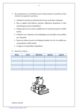 3
Θανάσης Πρέντζας
7. Να συμπληρώσεις τα κατάλληλα σημεία στίξης (κόμματα, παρένθεση, διπλή
παύλα) στις παρακάτω προτάσεις:
 Η Βασιλική η γυναίκα του Οδυσσέα ήταν έτοιμη να γεννήσει. (κόμματα)
 Όλοι οι αρχαίοι λαοί Έλληνες, Αιγύπτιοι, Βαβυλώνα, θεωρούσαν το νερό
πηγή δύναμης και ζωής. (παρένθεση)
 Πήραμε μαζί αν και οι γονείς της φοβούνταν το νεογέννητο μωρό της. (διπλή
παύλα)
 Ο Χρήστος και η Δήμητρα τα δύο ξαδερφάκια μου θα έρθουν στα γενέθλια
μου. (κόμματα)
 Έκανα μια στάση στα μισά της διαδρομής παρόλο που δεν το συνηθίζω για
να ξεμουδιάσω. (διπλή παύλα)
 Εν αρχή ην το ύδωρ Θαλής. (παρένθεση)
8. Οικογένειες λέξεων:
ύδωρ οικία θάλασσα οφείλω ωφελώ
Επιμέλεια: Χρήστος Χαρμπής σελ.77
 