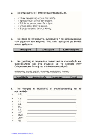 2. Να σημειώσεις (Π) όπου έχουμε παρομοίωση.
( ) Ήταν περήφανος λες και ήταν αϊτός.
( ) Τραγουδούσε γλυκά σαν αηδόνι.
( ) Έβαλε τις φωνές σαν είδε τι έγινε.
( ) Όπως ήρθες έτσι να φύγεις.
( ) Έτρεχε γρήγορα όπως ο λαγός.
3. Να βρεις τα υποκείμενα, αντικείμενα ή τα κατηγορούμενα
των ρημάτων του κειμένου που είναι γραμμένα με έντονα
μαύρα γράμματα:
Υποκείμενα Αντικείμενα Κατηγορούμενα
4. Να χωρίσεις τα παρακάτω ουσιαστικά σε ισοσύλλαβα και
ανισοσύλλαβα και στη συνέχεια να τα γράψετε στην
Ονομαστική και Γενική του πληθυντικού αριθμού:
(καστανάς, αέρας, μήνας, γείτονας, καρχαρίας, παπάς)
Ισοσύλλαβα Ανισοσύλλαβα Ονομαστική Γενική
5. Να γράψεις τι σημαίνουν οι συντομογραφίες και τα
αρκτικόλεξα:
• π.Χ. _______________________________________
• π.χ. _______________________________________
• π.μ. _______________________________________
• κ.ά. _______________________________________
• δηλ. _______________________________________
• Ε.Ε. _______________________________________
• Η/Υ _______________________________________
• ΜΜΕ _______________________________________
• ΕΜΥ _______________________________________
• ΑΕΙ _______________________________________
Επιμέλεια: Χρήστος Χαρμπής σελ.87
 