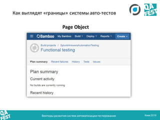 Киев 2016Векторы развитиясистем автоматизациитестирования
Как выглядят «границы» системы авто-тестов
Page Object
 