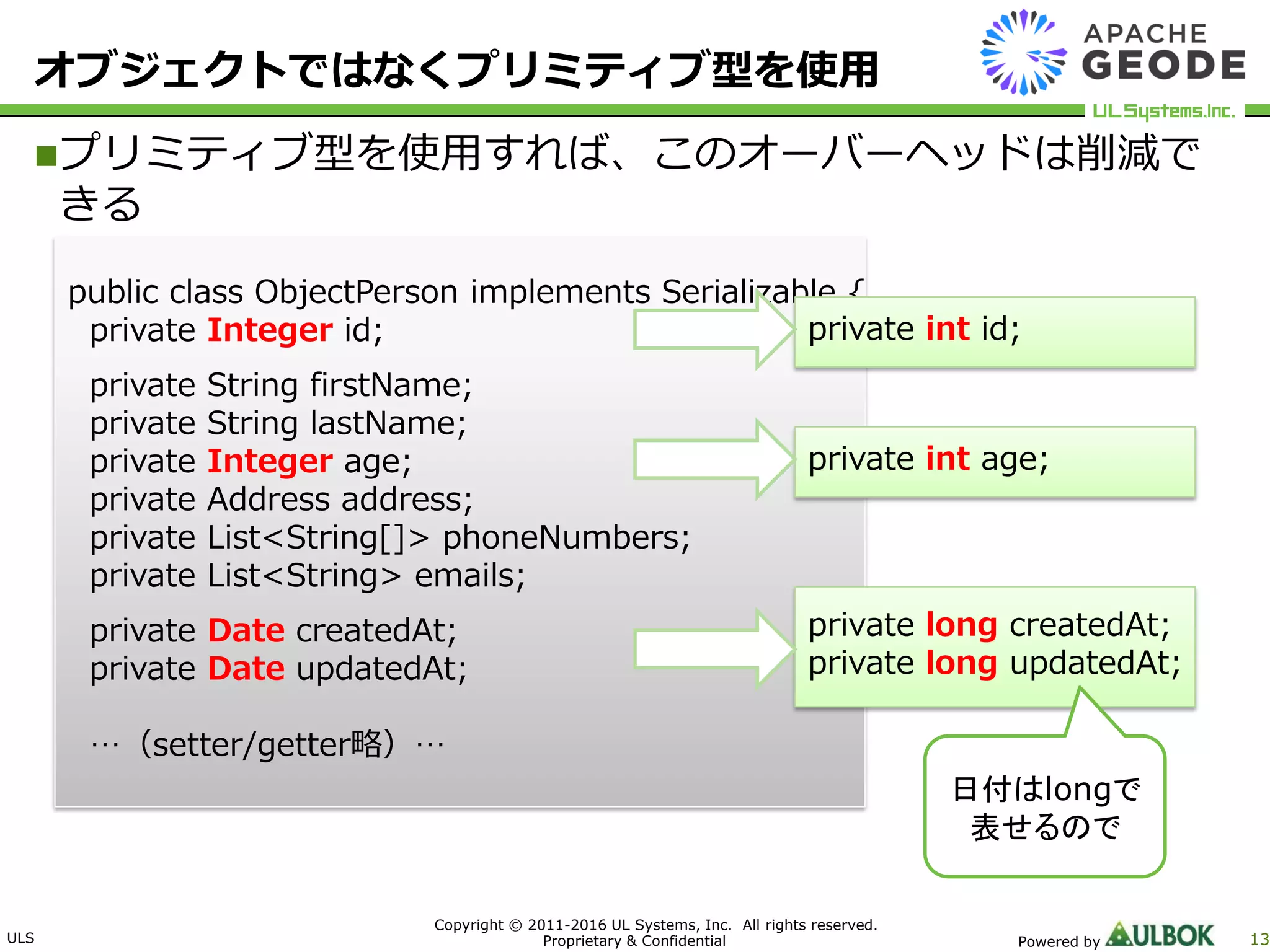 ULS
Copyright © 2011-2016 UL Systems, Inc. All rights reserved.
Proprietary & Confidential Powered by 13
オブジェクトではなくプリミティブ型を使用
プリミティブ型を使用すれば、このオーバーヘッドは削減で
きる
public class ObjectPerson implements Serializable {
private Integer id;
private String firstName;
private String lastName;
private Integer age;
private Address address;
private List<String[]> phoneNumbers;
private List<String> emails;
private Date createdAt;
private Date updatedAt;
…（setter/getter略）…
private int id;
private int age;
private long createdAt;
private long updatedAt;
日付はlongで
表せるので
 