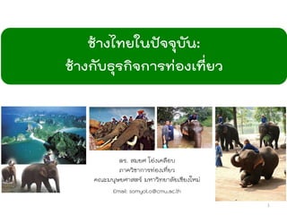 ช้างไทยในปัจจุบัน:
ช้างกับธุรกิจการท่องเที่ยว
ดร. สมยศ โอ่งเคลือบ
ภาควิชาการท่องเที่ยว
คณะมนุษยศาสตร์ มหาวิทยาลัยเชียงใหม่
Email: somyot.o@cmu.ac.th
1
 