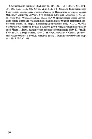 Составлено по данным: РГАВМФ. Ф. 418. On. 1. Д. 1416. JI. 29-31; Ф.
716. On. 1. Д. 59. JI. 370, 370об.; Д. 213. JI. 1-5; Указ Его Императорского
Величества, Самодержца Всероссийского из Правительствующего Сената
Морскому Министру, № 9824, 2-го сентября 1908 года {Бражник А. И., Бо­
бровский В. А., Новоевский А. 77., Щеголев В. 77. Деятельность штаба Балтий­
ского флота с периода становления до наших дней // Очерки из истории Бал­
тийского флота. Кн. вторая. Калининград: Янтарный сказ, 1999. С. 95, 96.);
Пантелеев Ю. Развитие штабов в русском флоте от их зарождения до наших
дней. Часть I. Штабы в досоветском периоде истории флота 1689-1917 гг. Д.:
ВМА им. К. Е. Ворошилова, 1949. С. 55-69; Симоненко В. Органы управле­
ния русского флота в первую мировую войну // Военно-исторический жур­
нал. 1975. № 9. С. 104.
186
 