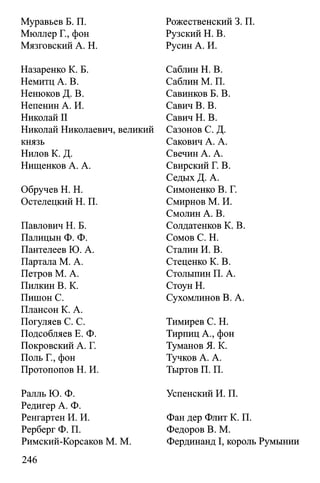 Муравьев Б. П.
Мюллер Г., фон
Мязговский А. Н.
Назаренко К. Б.
Немитц А. В.
Ненюков Д. В.
Непенин А. И.
Николай II
Николай Николаевич, великий
князь
Нилов К. Д.
Нищенков А. А.
Обручев H. Н.
Остелецкий Н. П.
Павлович Н. Б.
Палицын Ф. Ф.
Пантелеев Ю. А.
Партала М. А.
Петров М. А.
Пилкин В. К.
Пишон С.
Плансон К. А.
Погуляев С. С.
Подсобляев Е. Ф.
Покровский А. Г.
Поль Г., фон
Протопопов Н. И.
Ралль Ю. Ф.
Редигер А. Ф.
Ренгартен И. И.
Рерберг Ф. П.
Римский-Корсаков М. М.
Рожественский 3. П.
Рузский Н. В.
Русин А. И.
Саблин Н. В.
Саблин М. П.
Савинков Б. В.
Савич В. В.
Савич Н. В.
Сазонов С. Д.
Сакович А. А.
Свечин А. А.
Свирский Г. В.
Седых Д. А.
Симоненко В. Г.
Смирнов М. И.
Смолин А. В.
Солдатенков К. В.
Сомов С. Н.
Сталин И. В.
Стеценко К. В.
Столыпин П. А.
Стоун Н.
Сухомлинов В. А.
Тимирев С. Н.
Тирпиц А., фон
Туманов Я. К.
Тучков А. А.
Тыртов П. П.
Успенский И. П.
Фан дер Флит К. П.
Федоров В. М.
Фердинанд I, король Румынии
246
 