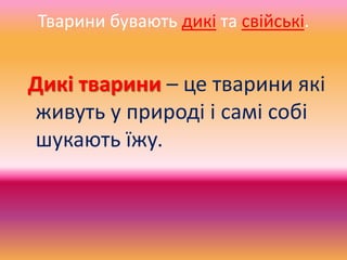 Тварини бувають дикі та свійські.
Дикі тварини – це тварини які
живуть у природі і самі собі
шукають їжу.
 